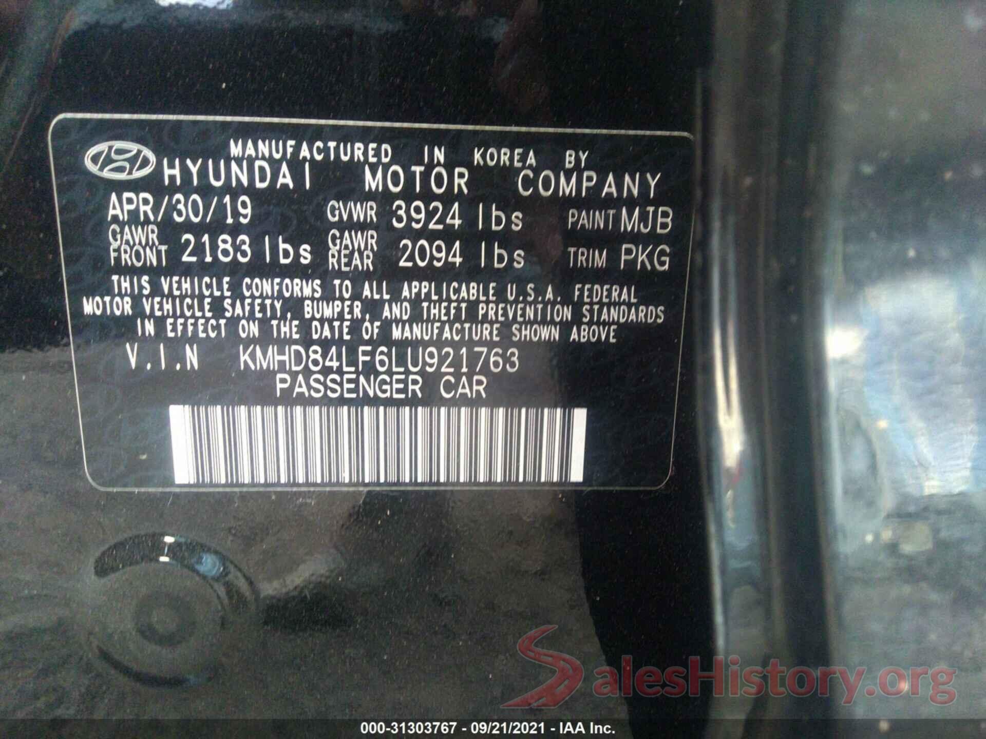 KMHD84LF6LU921763 2020 HYUNDAI ELANTRA