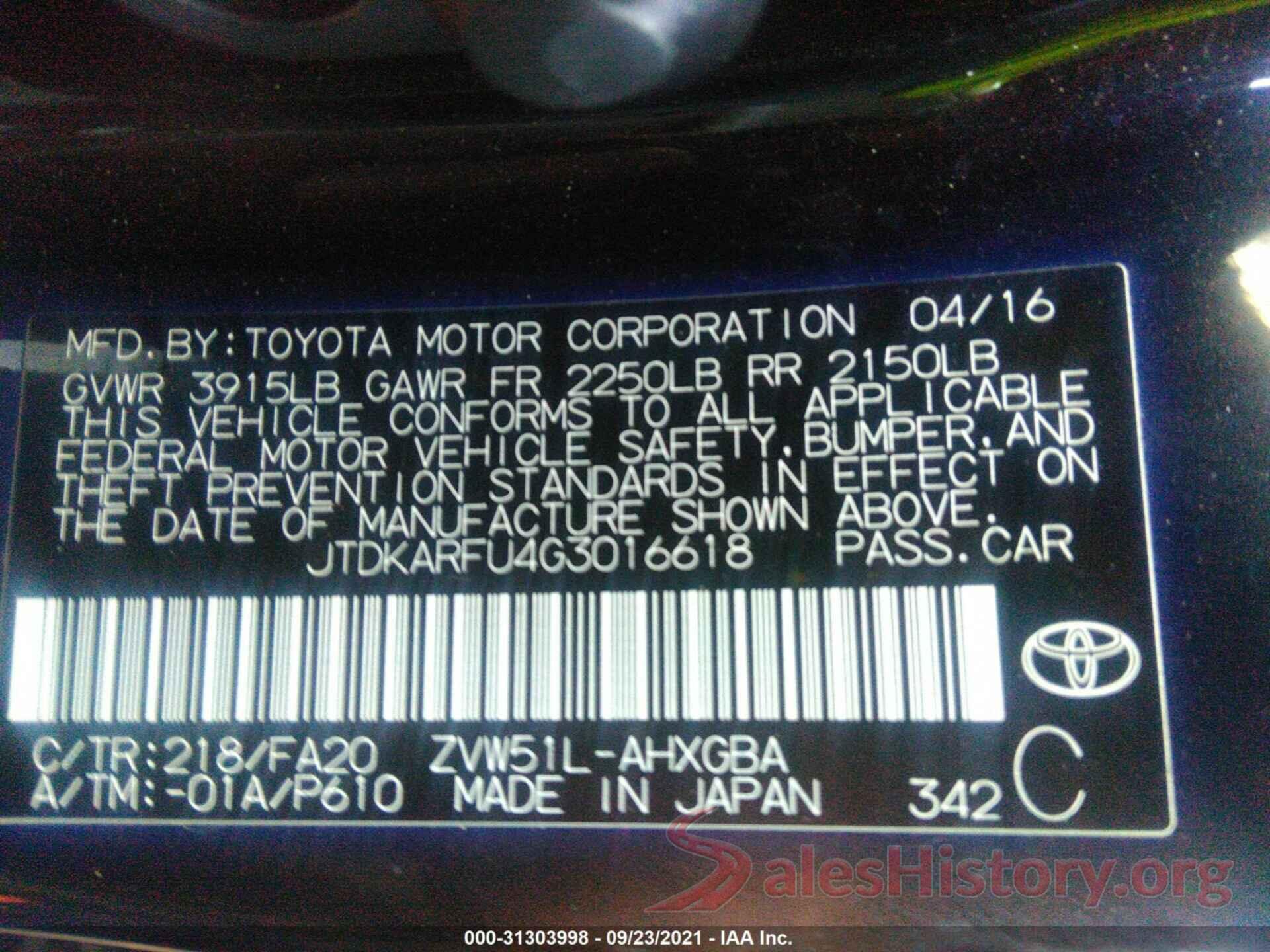 JTDKARFU4G3016618 2016 TOYOTA PRIUS