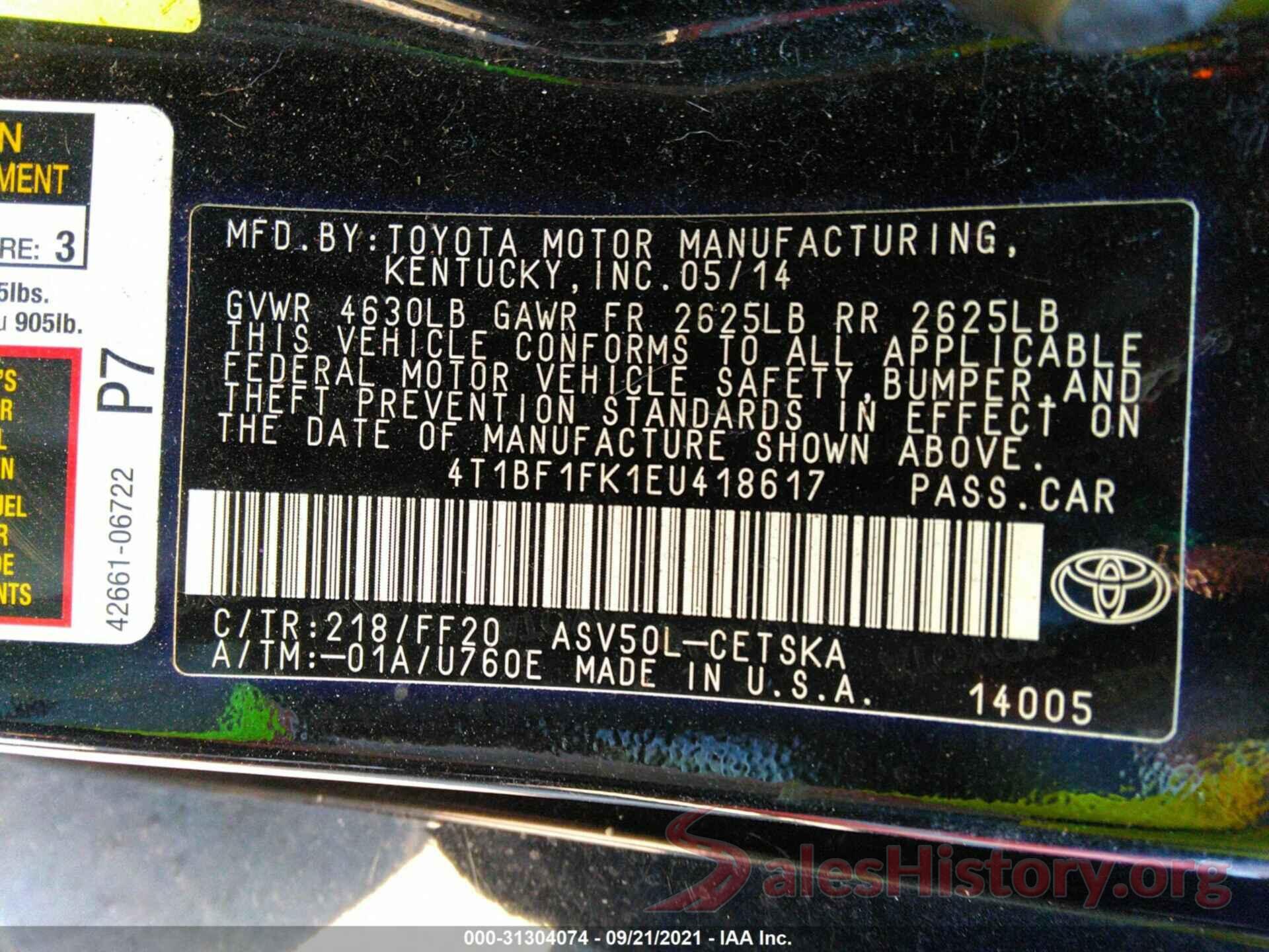 4T1BF1FK1EU418617 2014 TOYOTA CAMRY