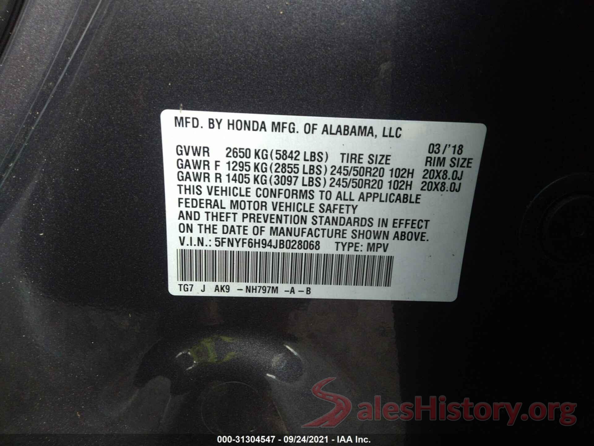 5FNYF6H94JB028068 2018 HONDA PILOT