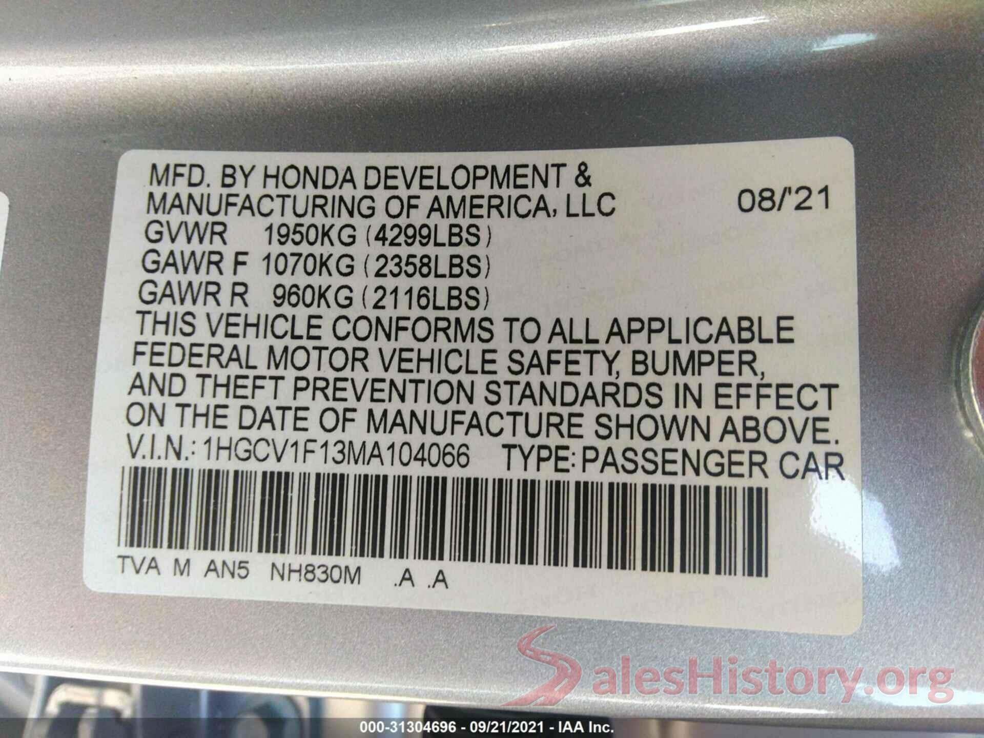 1HGCV1F13MA104066 2021 HONDA ACCORD SEDAN