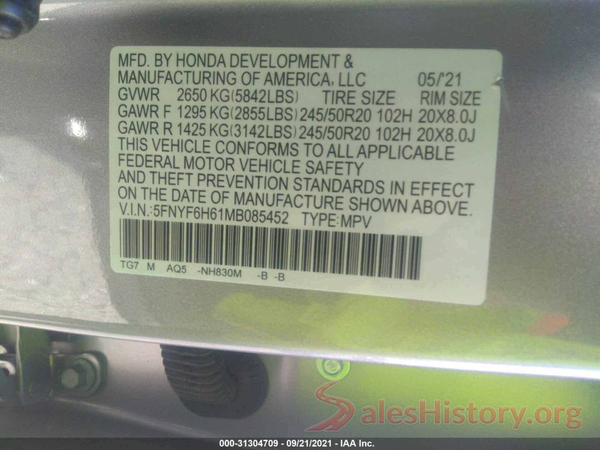 5FNYF6H61MB085452 2021 HONDA PILOT