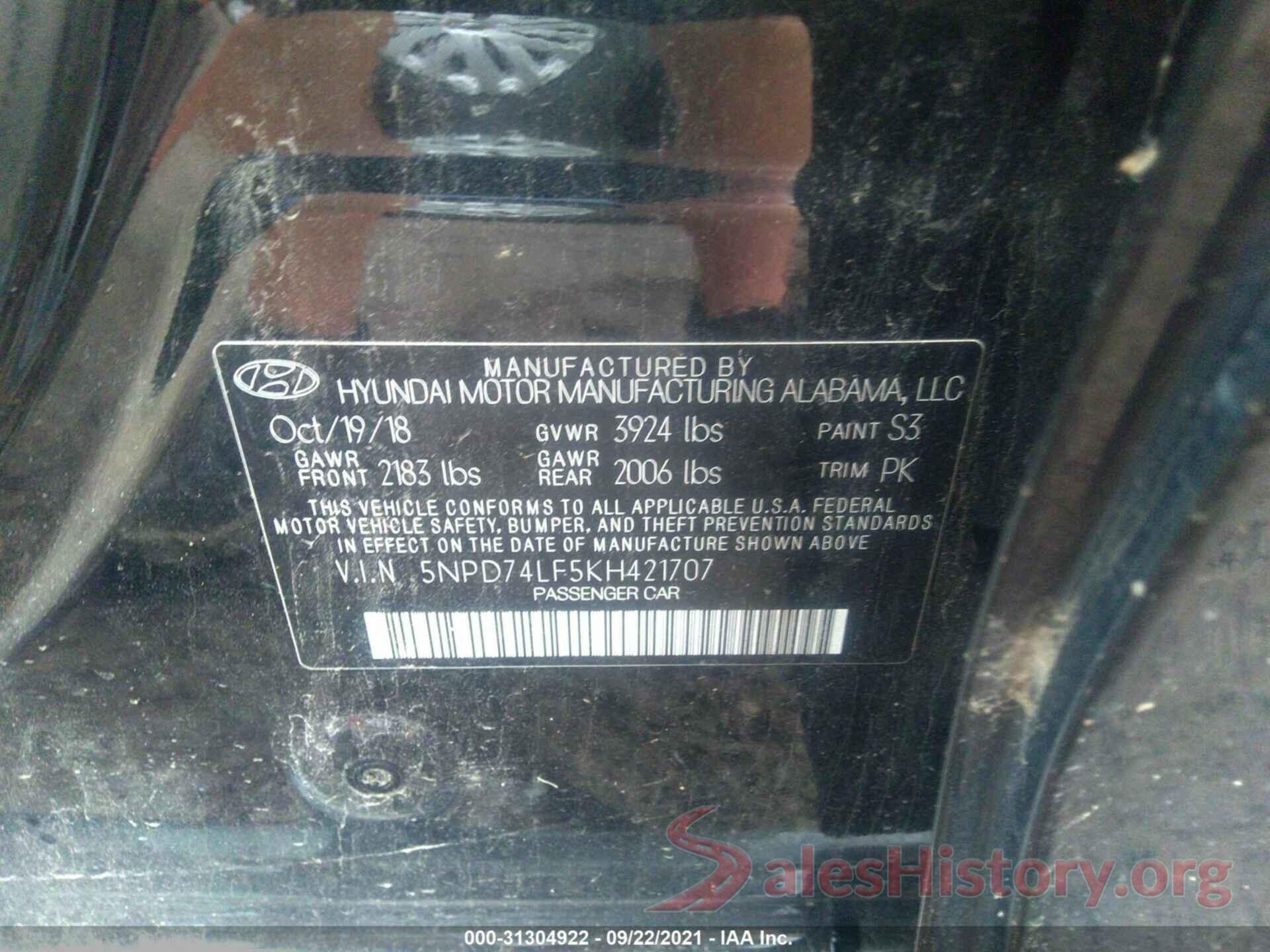 5NPD74LF5KH421707 2019 HYUNDAI ELANTRA