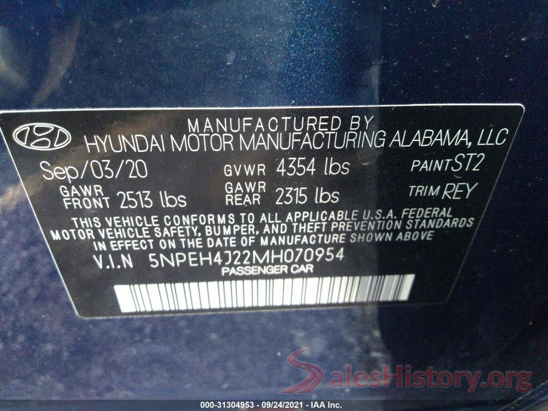 5NPEH4J22MH070954 2021 HYUNDAI SONATA