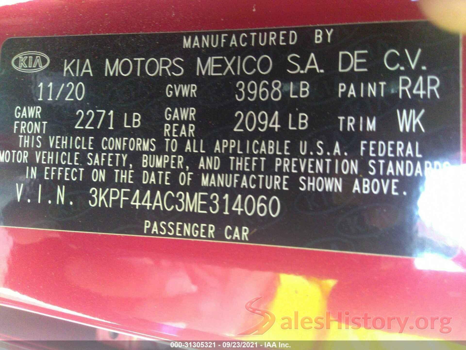 3KPF44AC3ME314060 2021 KIA FORTE