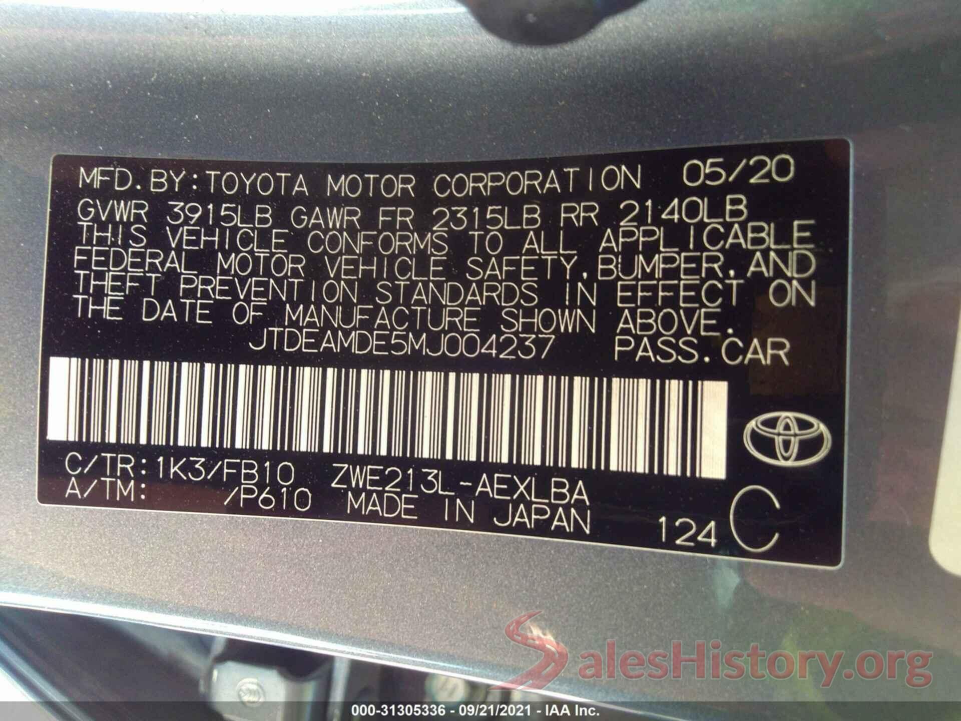 JTDEAMDE5MJ004237 2021 TOYOTA COROLLA