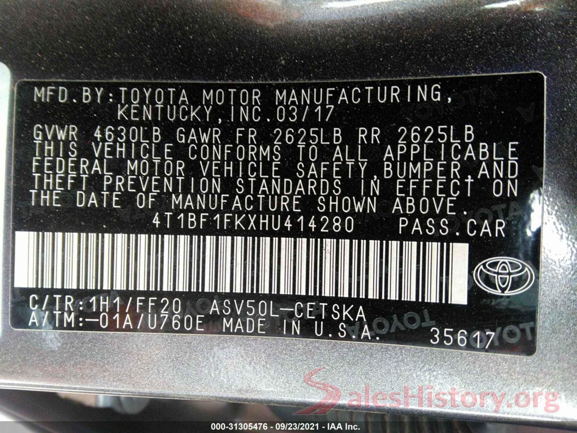 4T1BF1FKXHU414280 2017 TOYOTA CAMRY