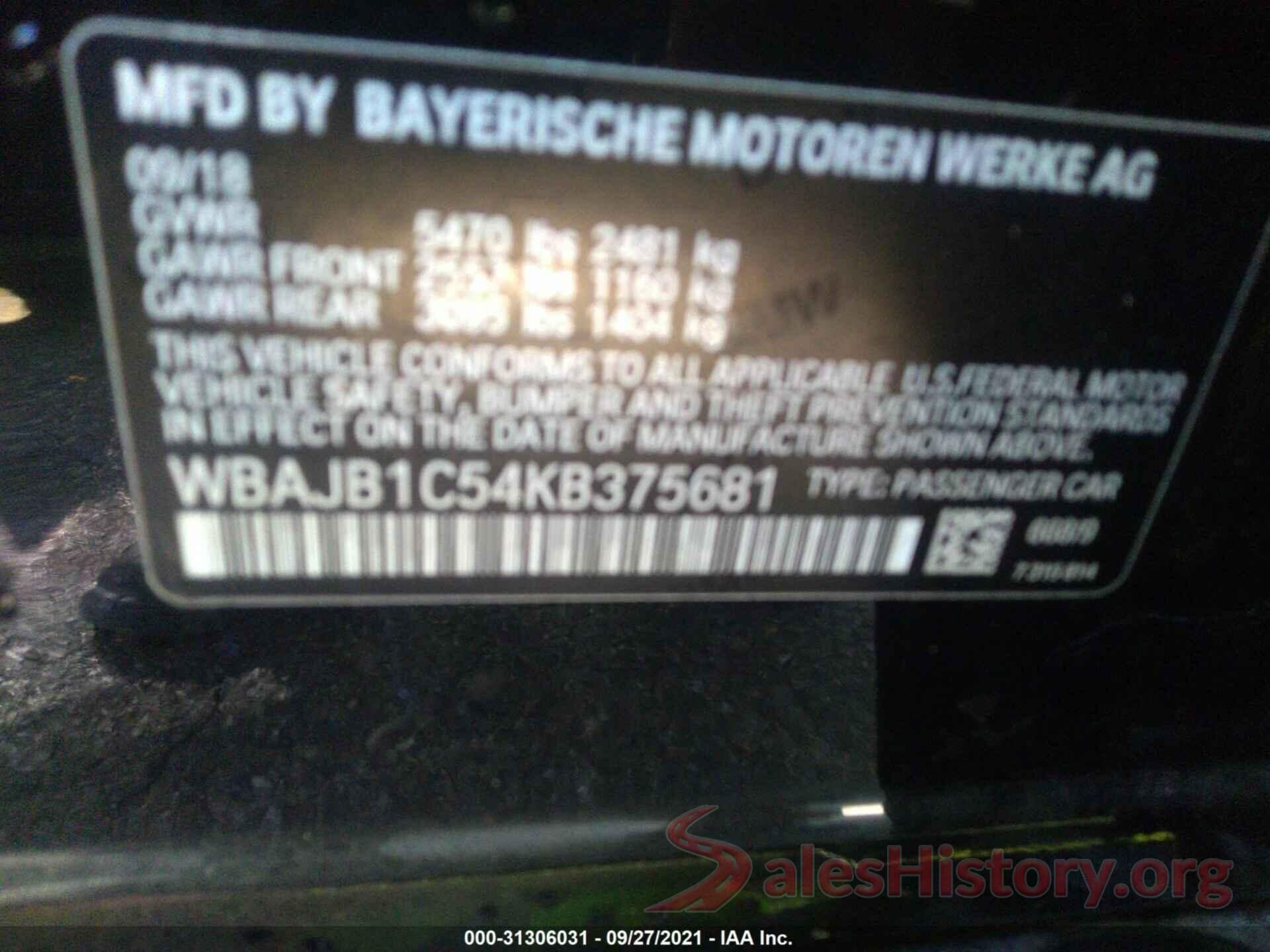 WBAJB1C54KB375681 2019 BMW 5 SERIES