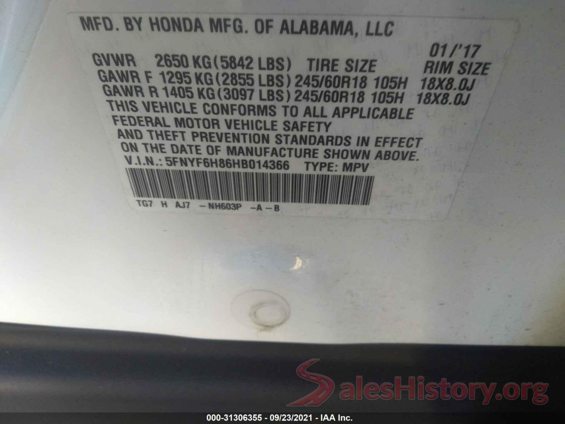 5FNYF6H86HB014366 2017 HONDA PILOT