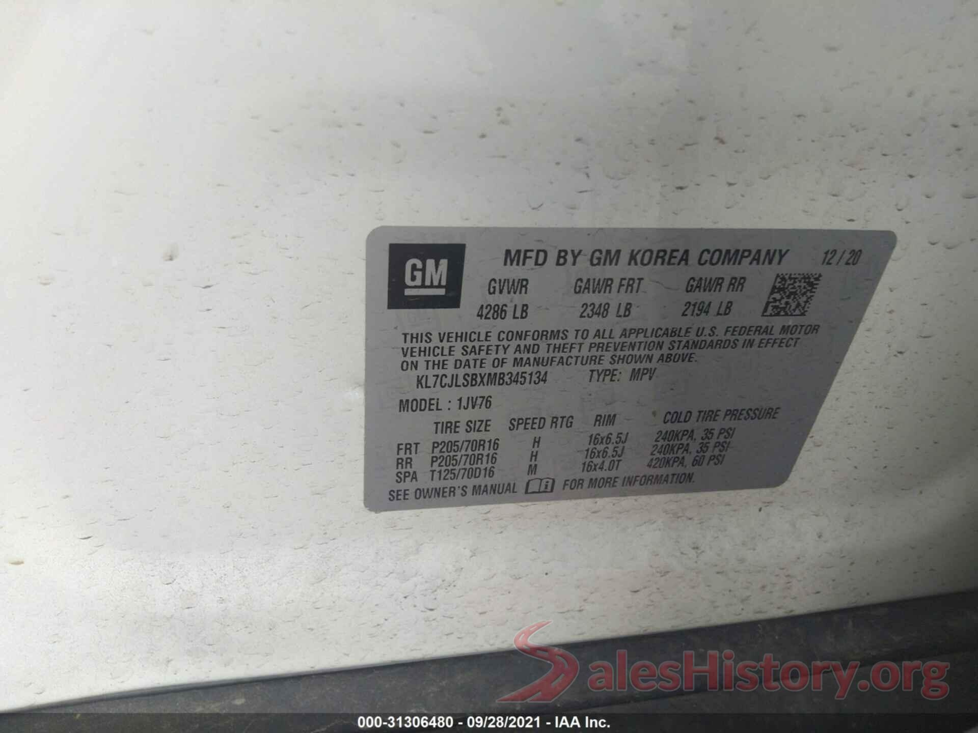 KL7CJLSBXMB345134 2021 CHEVROLET TRAX