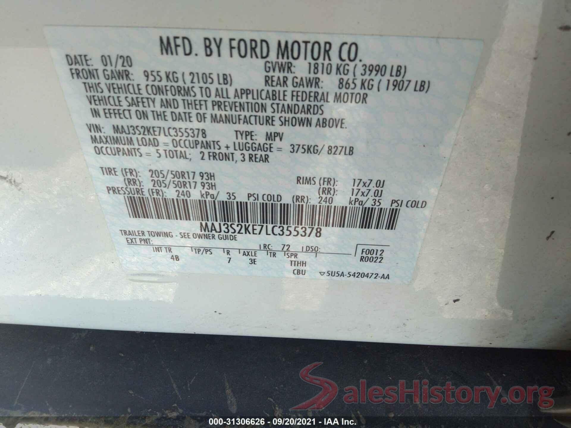 MAJ3S2KE7LC355378 2020 FORD ECOSPORT