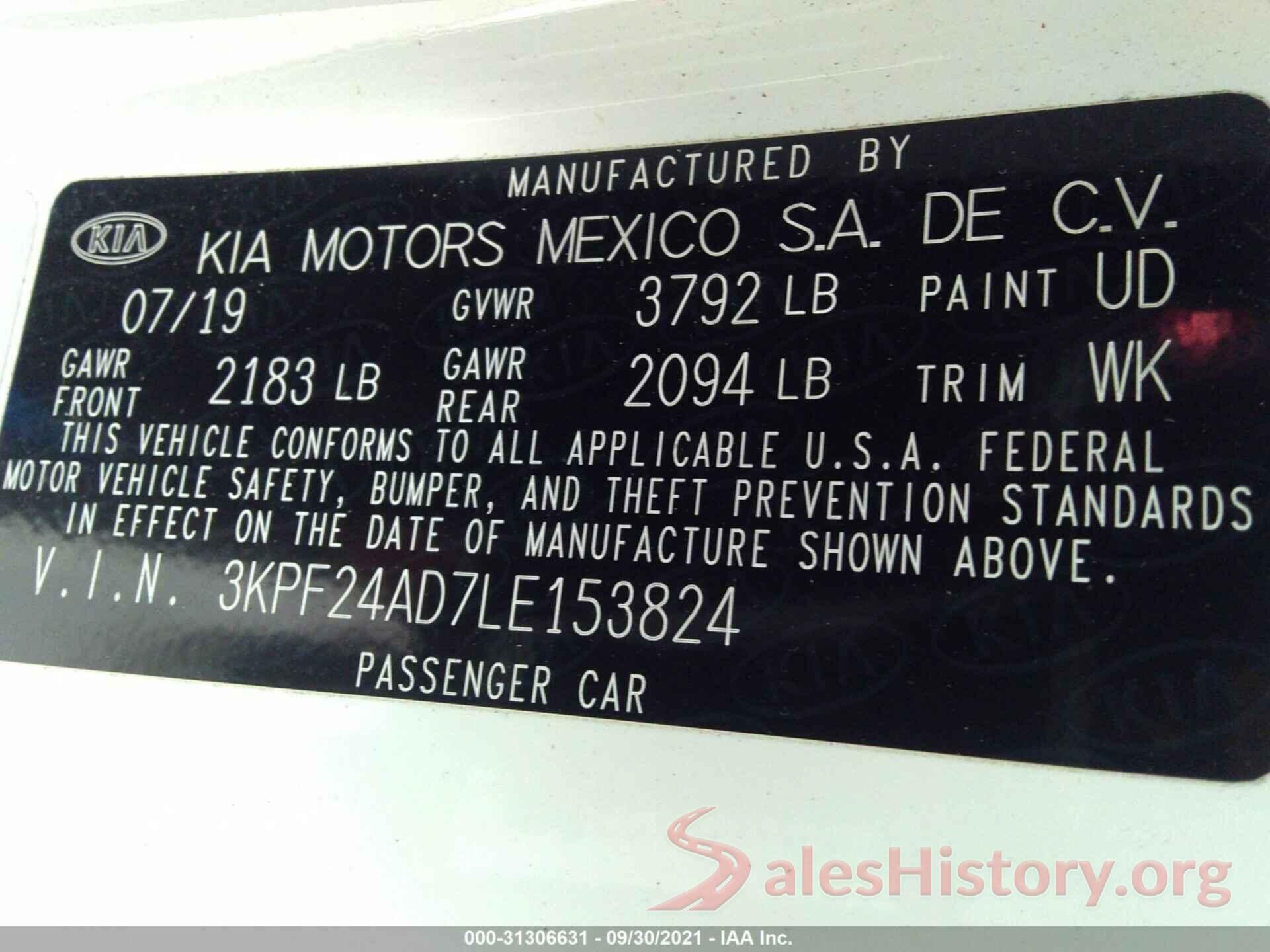 3KPF24AD7LE153824 2020 KIA FORTE