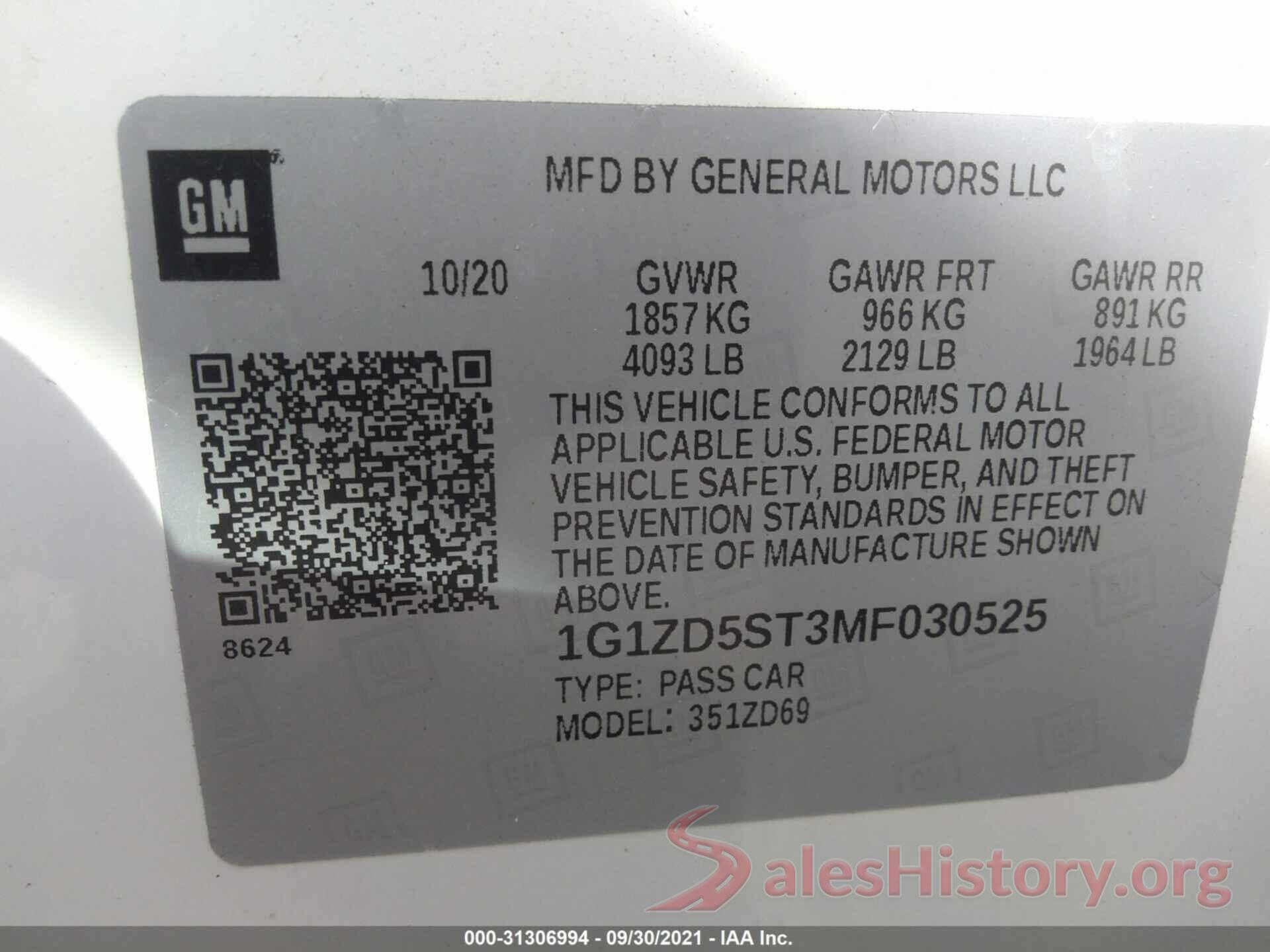 1G1ZD5ST3MF030525 2021 CHEVROLET MALIBU