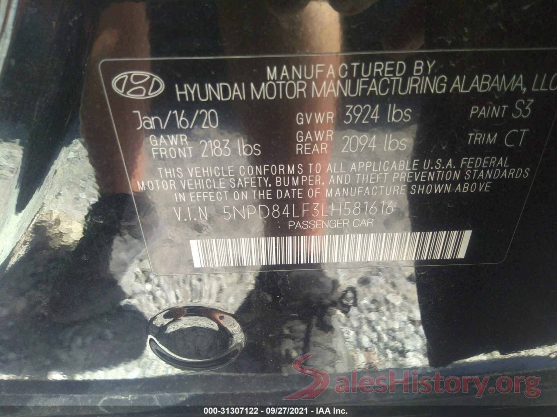 5NPD84LF3LH581616 2020 HYUNDAI ELANTRA