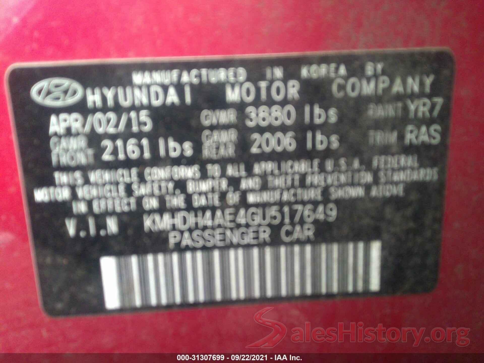 KMHDH4AE4GU517649 2016 HYUNDAI ELANTRA