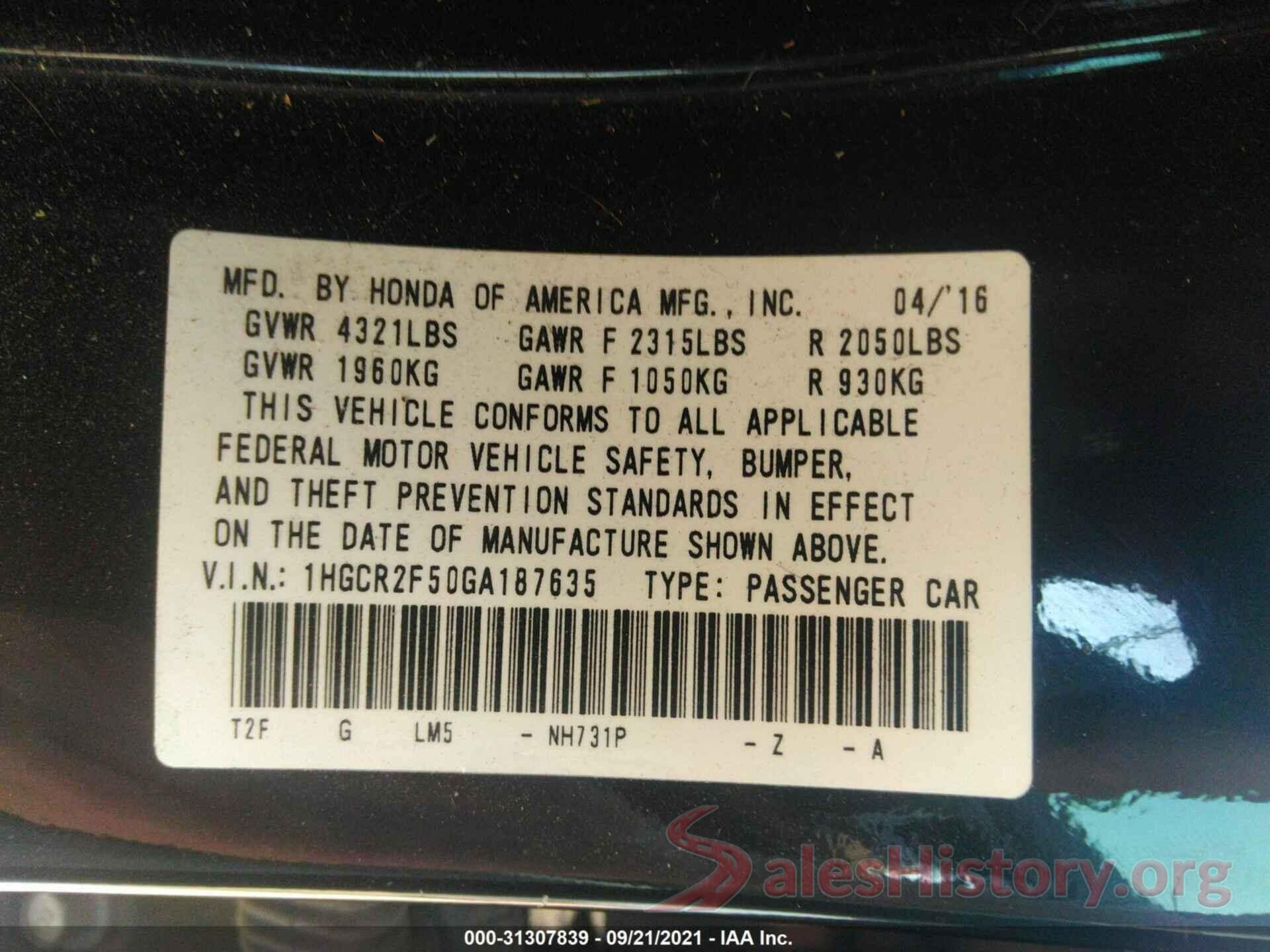 1HGCR2F50GA187635 2016 HONDA ACCORD SEDAN