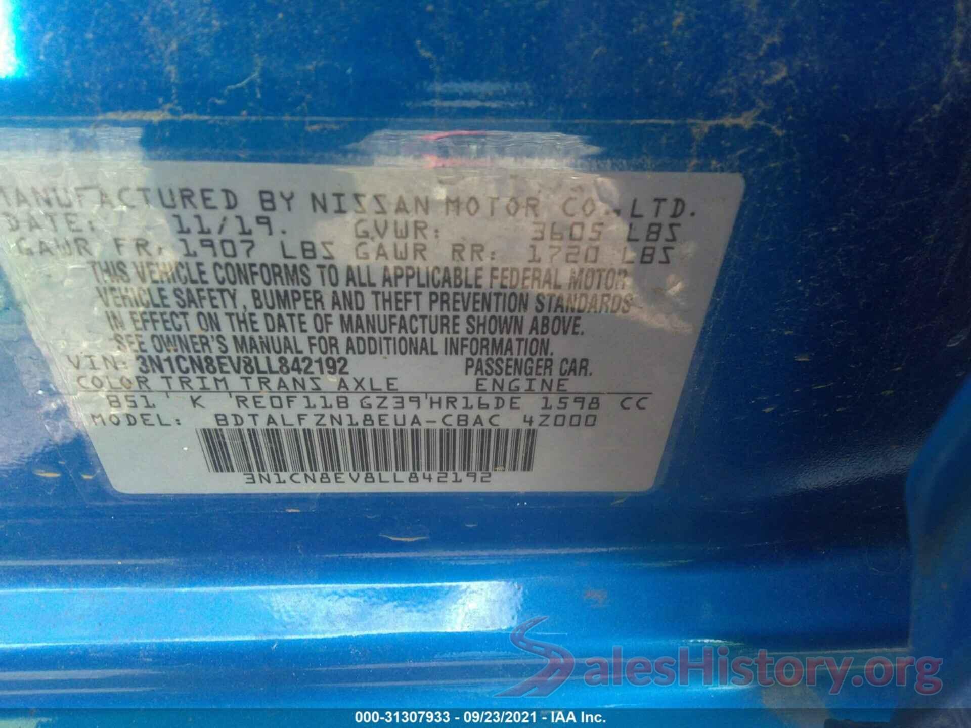 3N1CN8EV8LL842192 2020 NISSAN VERSA