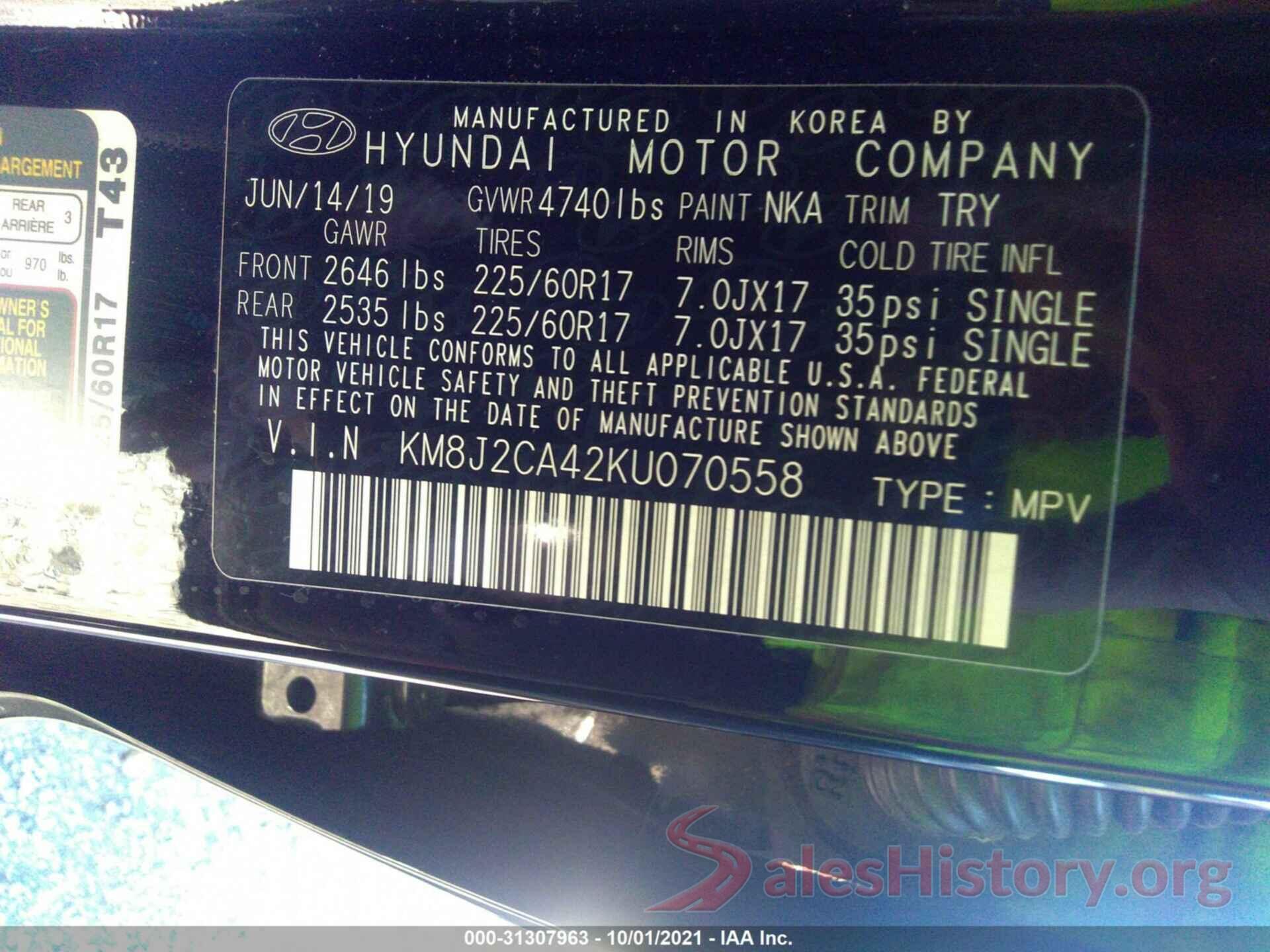 KM8J2CA42KU070558 2019 HYUNDAI TUCSON