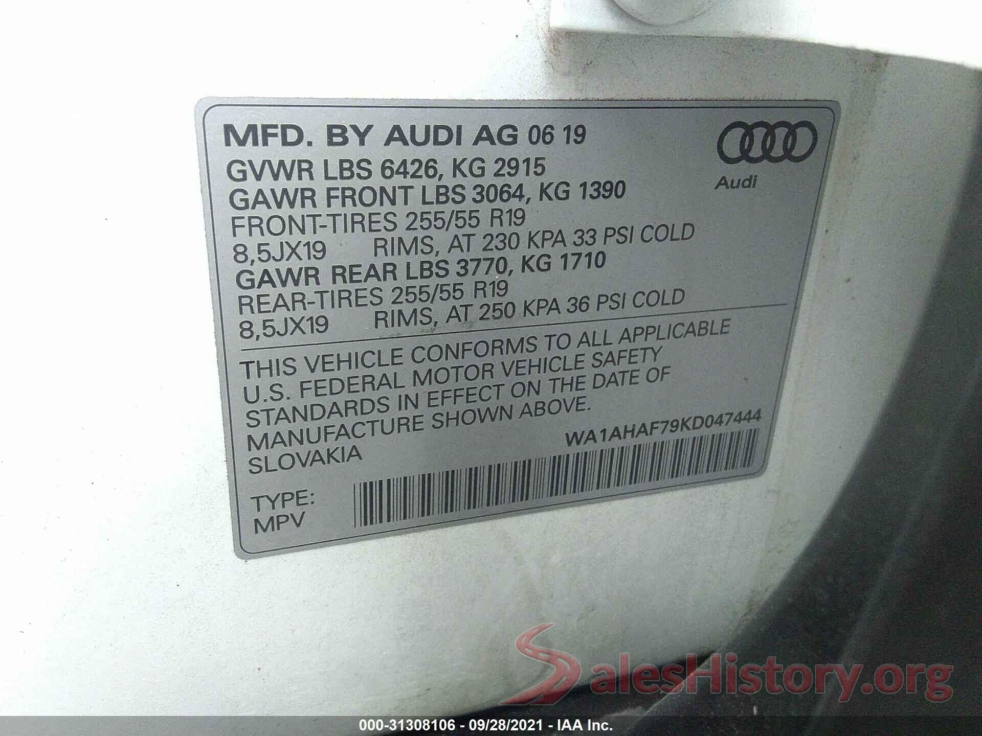 WA1AHAF79KD047444 2019 AUDI Q7