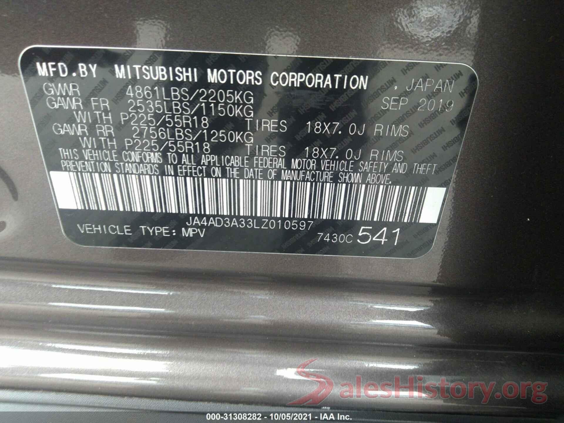 JA4AD3A33LZ010597 2020 MITSUBISHI OUTLANDER