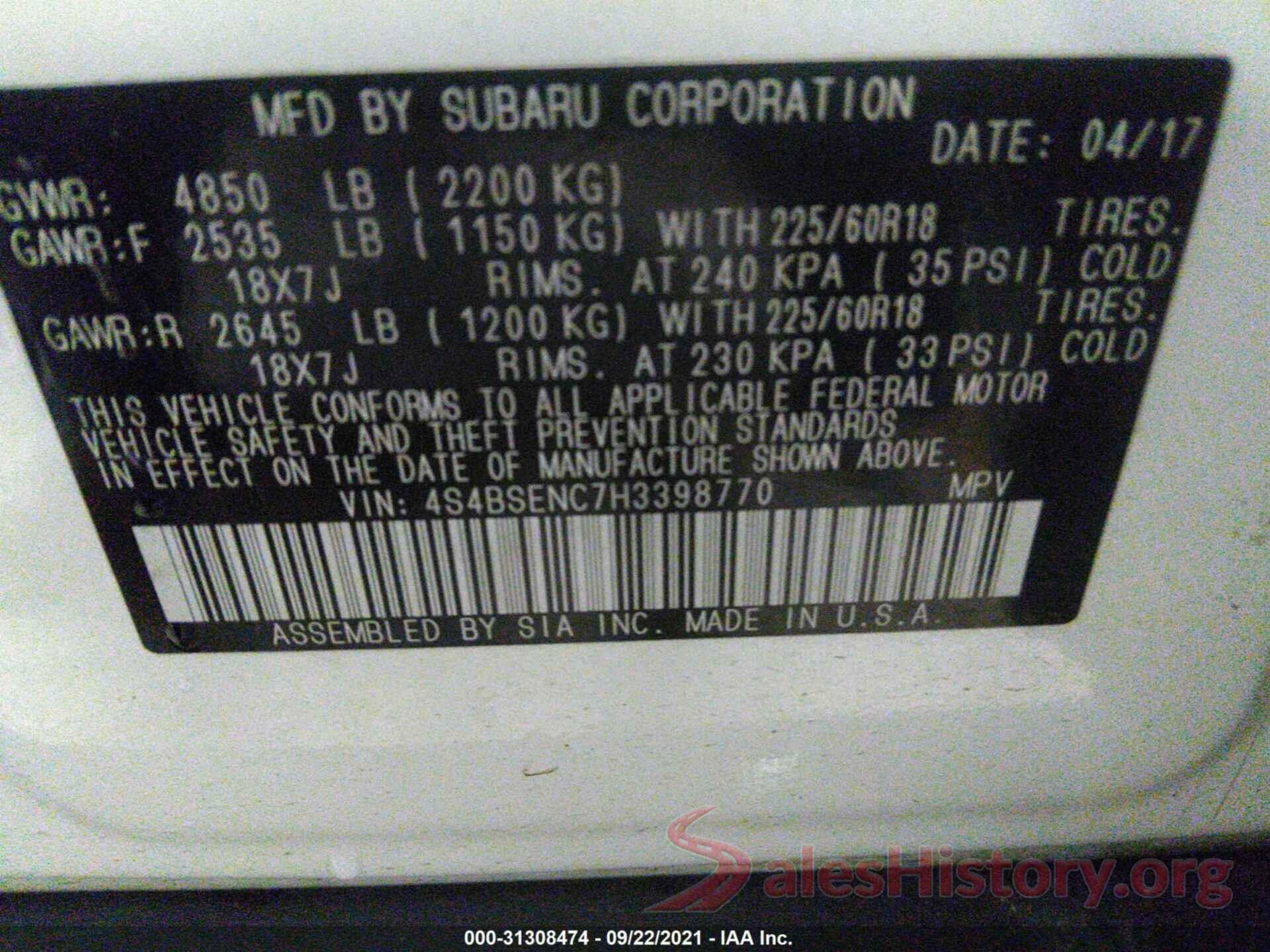 4S4BSENC7H3398770 2017 SUBARU OUTBACK