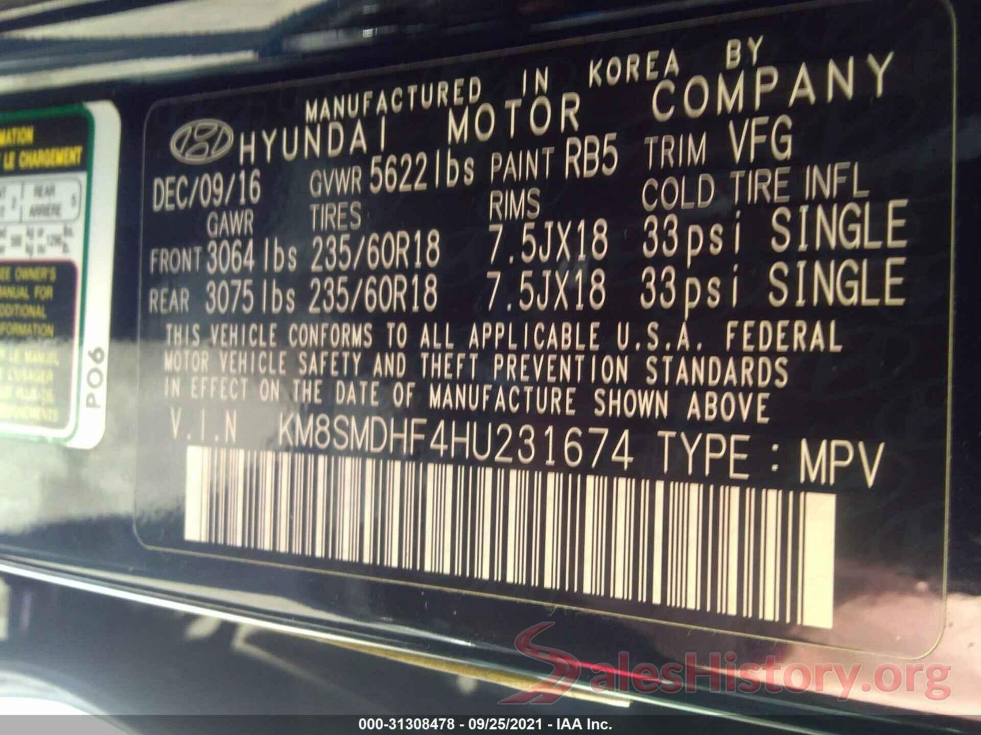 KM8SMDHF4HU231674 2017 HYUNDAI SANTA FE