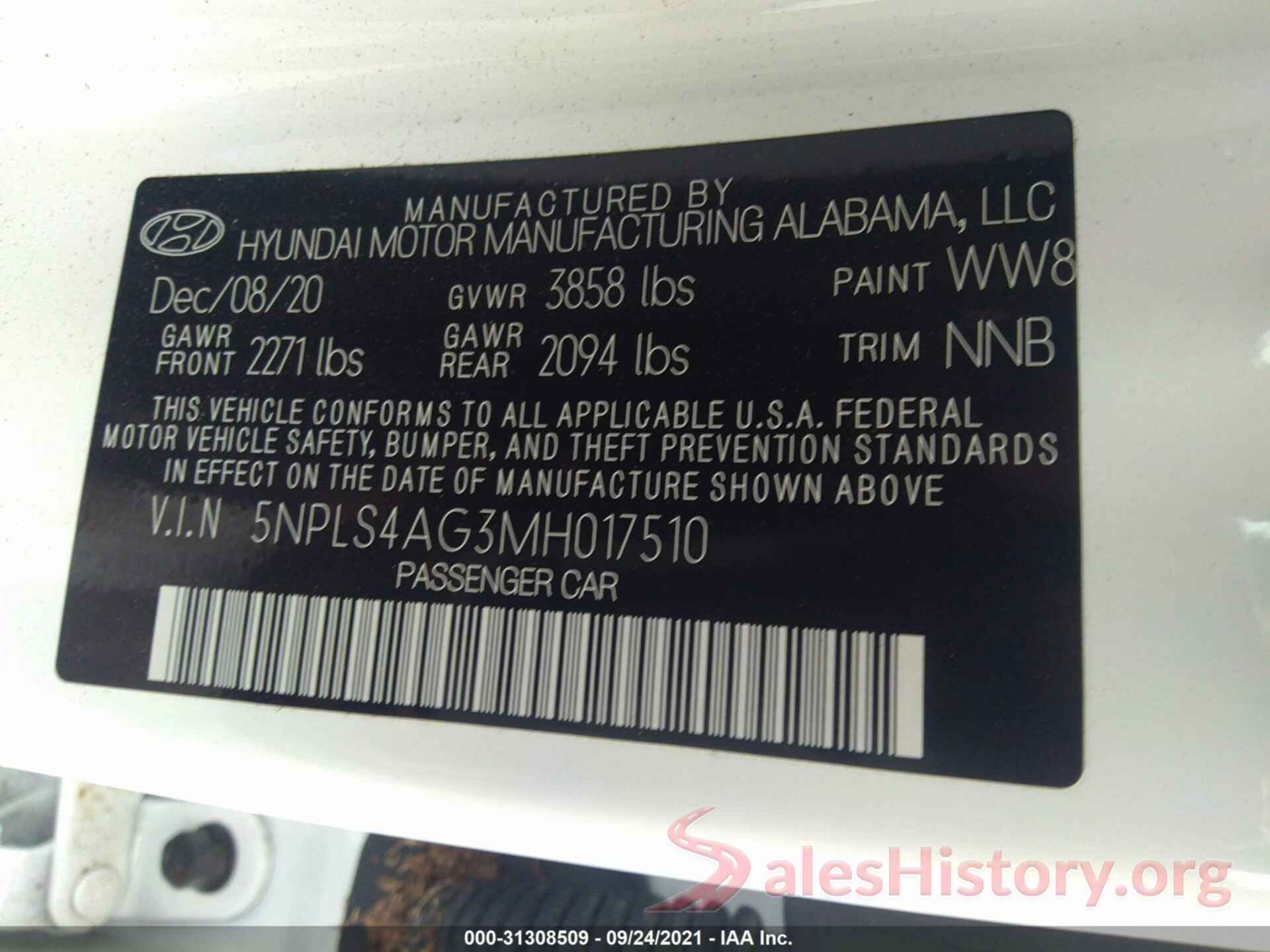 5NPLS4AG3MH017510 2021 HYUNDAI ELANTRA