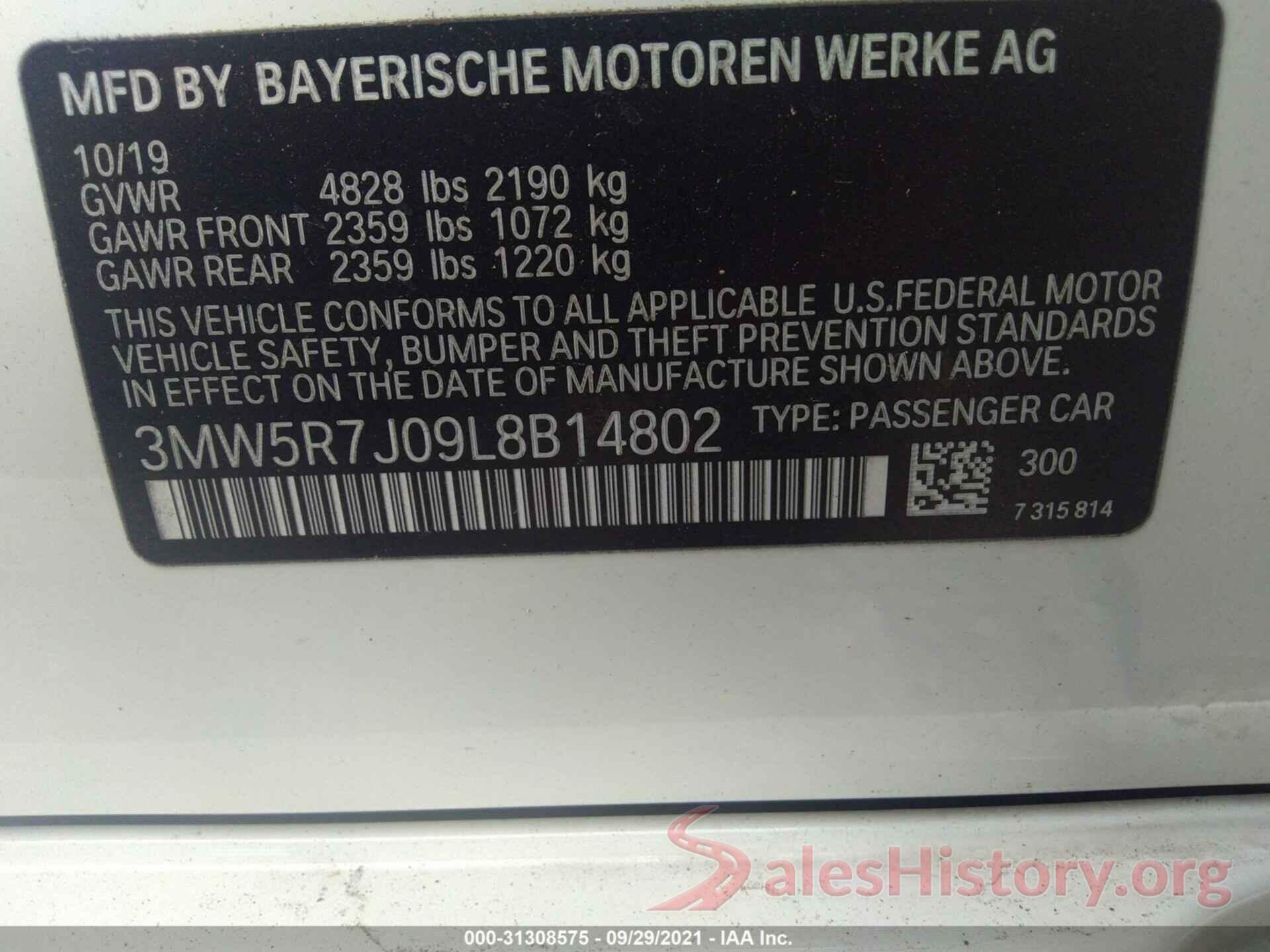 3MW5R7J09L8B14802 2020 BMW 3 SERIES