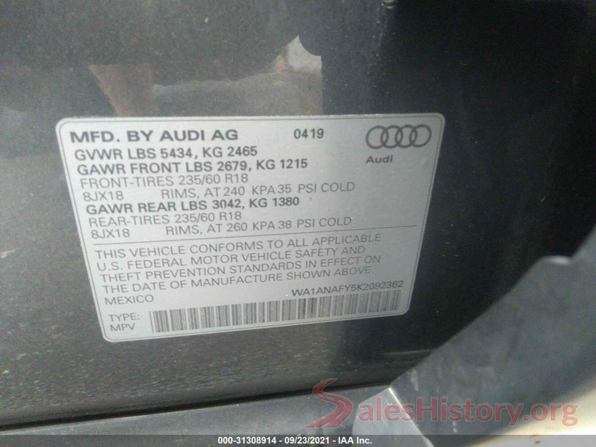 WA1ANAFY5K2092362 2019 AUDI Q5