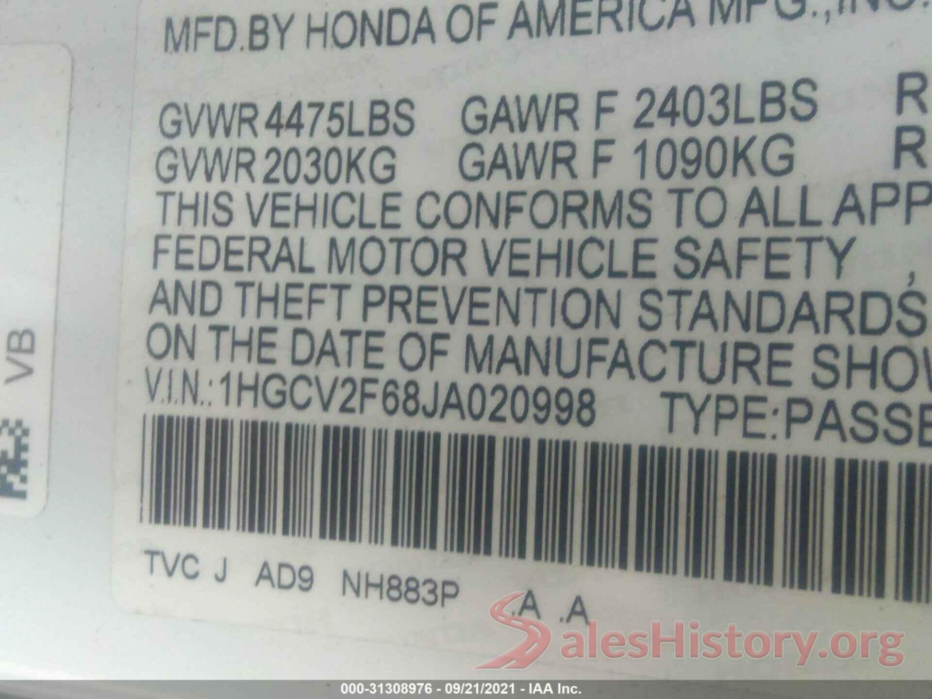 1HGCV2F68JA020998 2018 HONDA ACCORD SEDAN