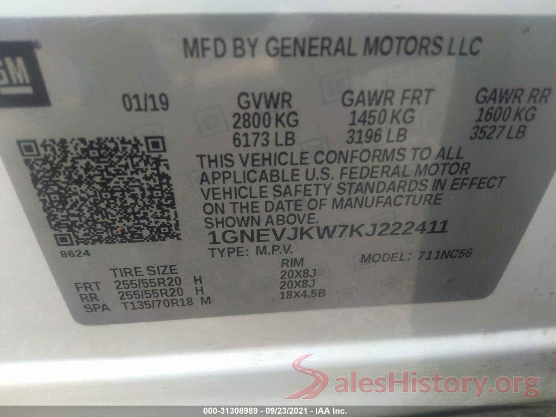 1GNEVJKW7KJ222411 2019 CHEVROLET TRAVERSE