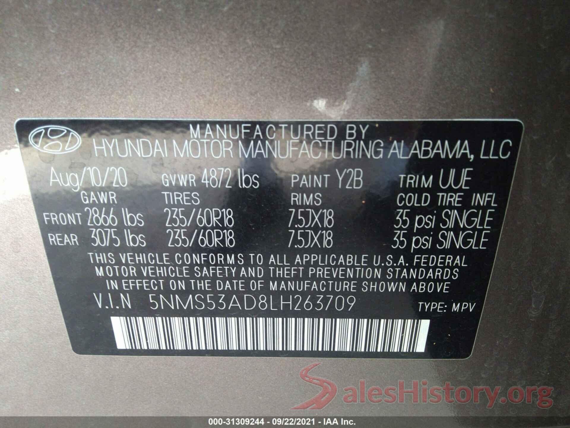 5NMS53AD8LH263709 2020 HYUNDAI SANTA FE