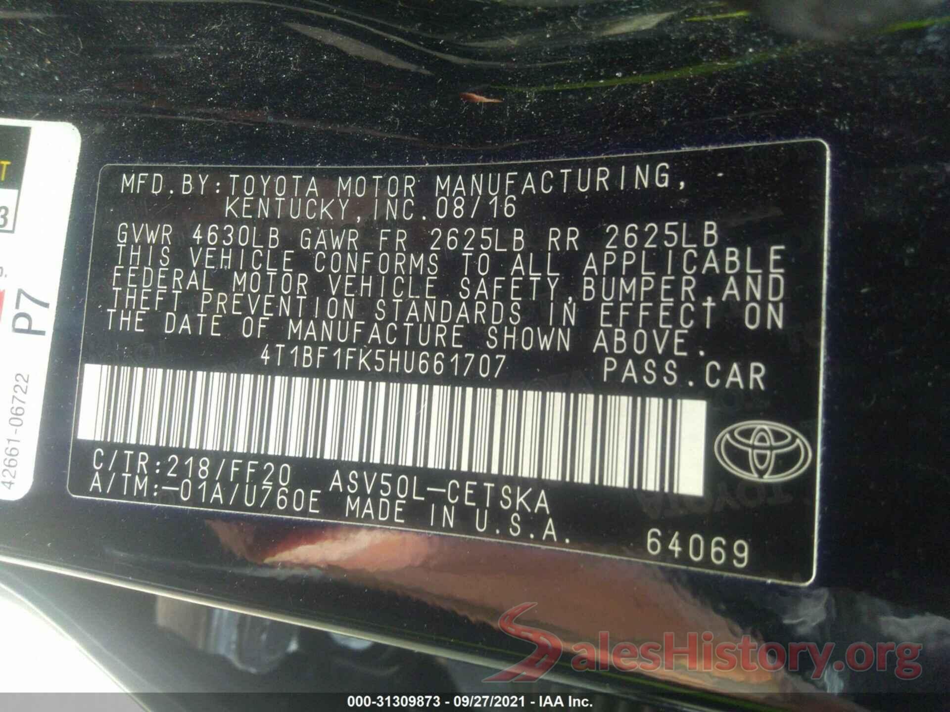 4T1BF1FK5HU661707 2017 TOYOTA CAMRY