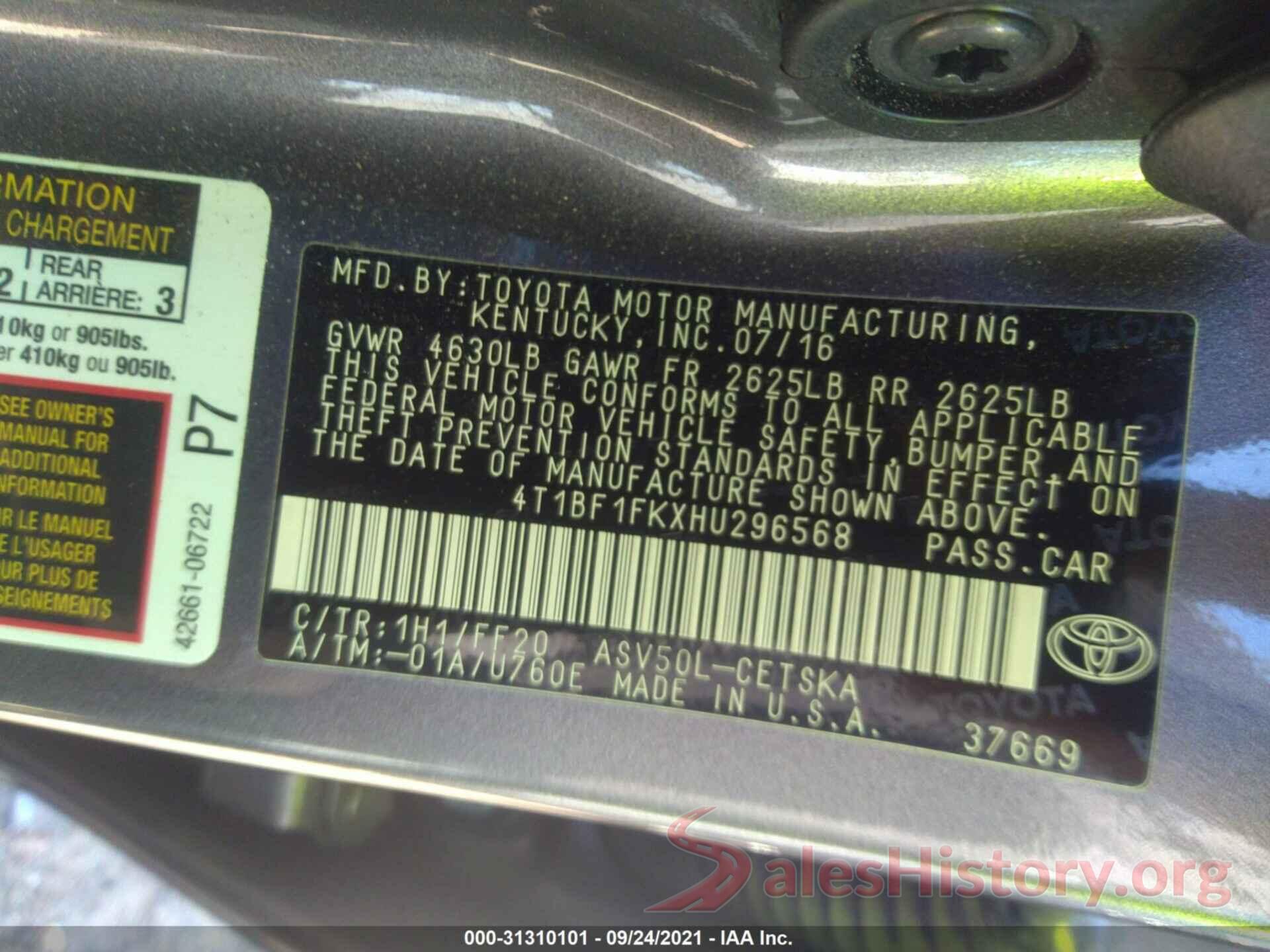 4T1BF1FKXHU296568 2017 TOYOTA CAMRY