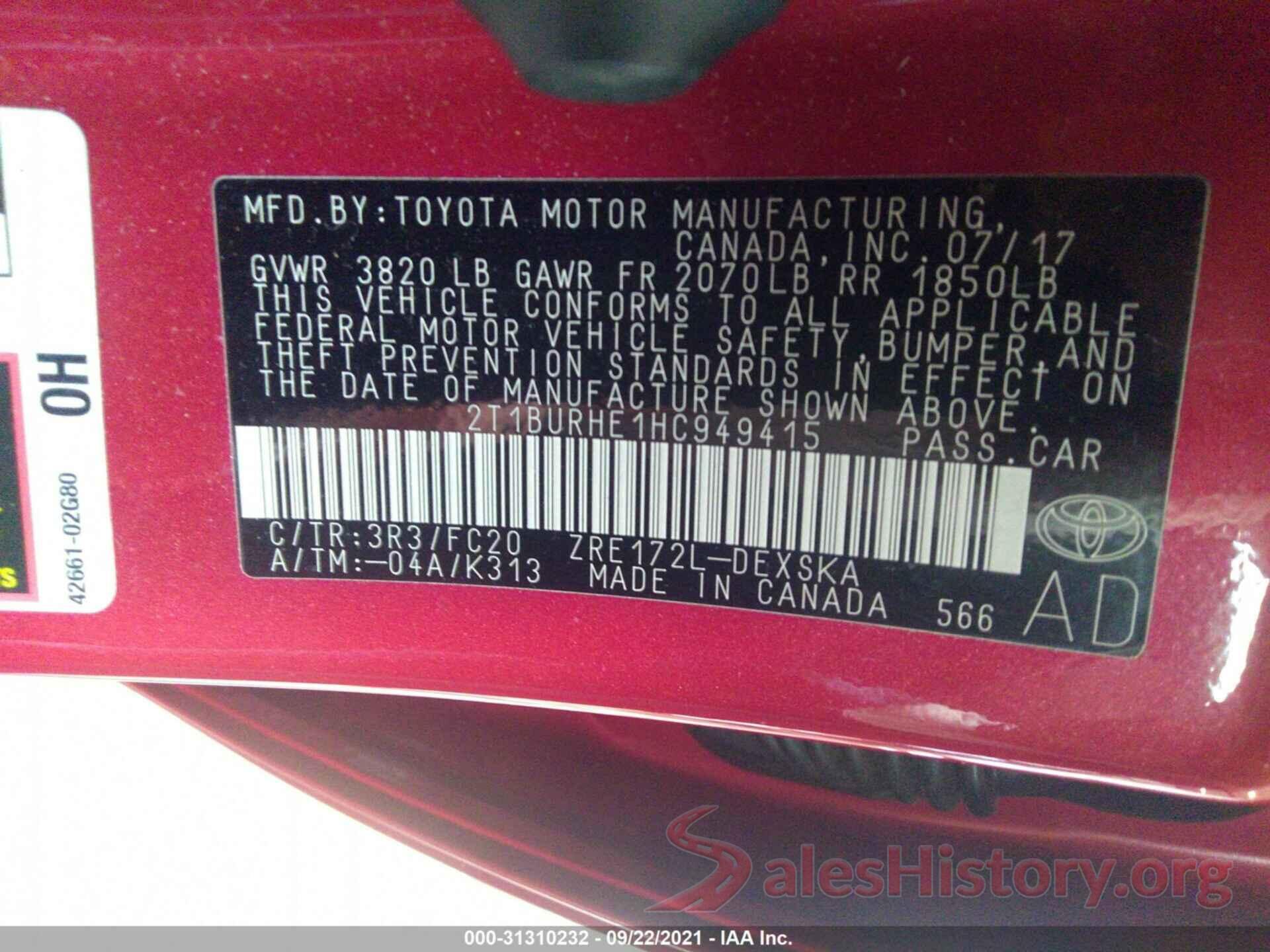 2T1BURHE1HC949415 2017 TOYOTA COROLLA