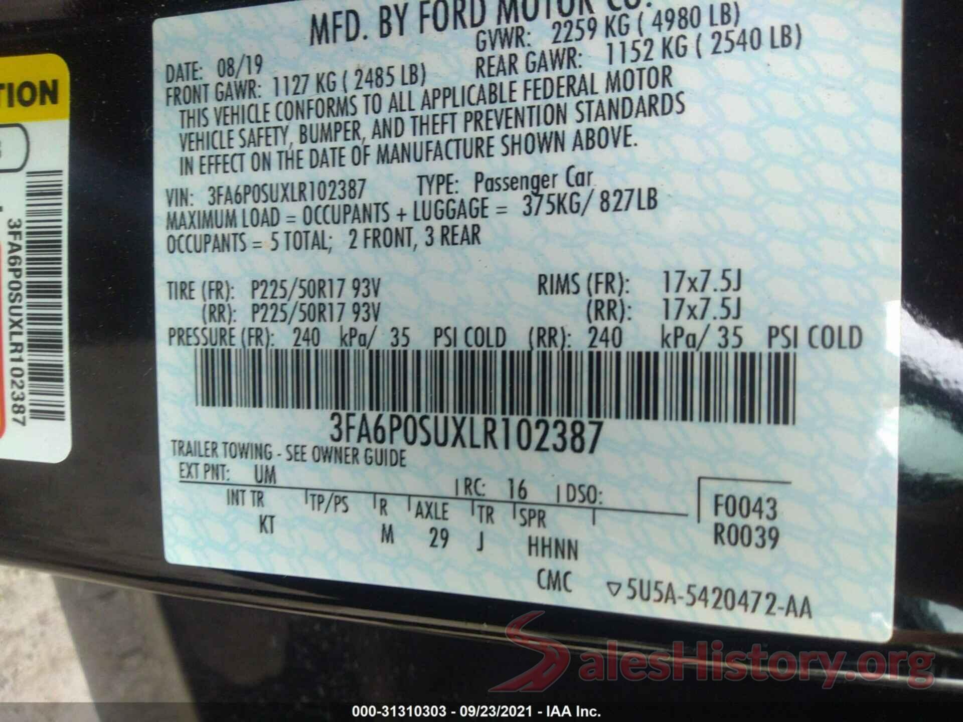 3FA6P0SUXLR102387 2020 FORD FUSION ENERGI