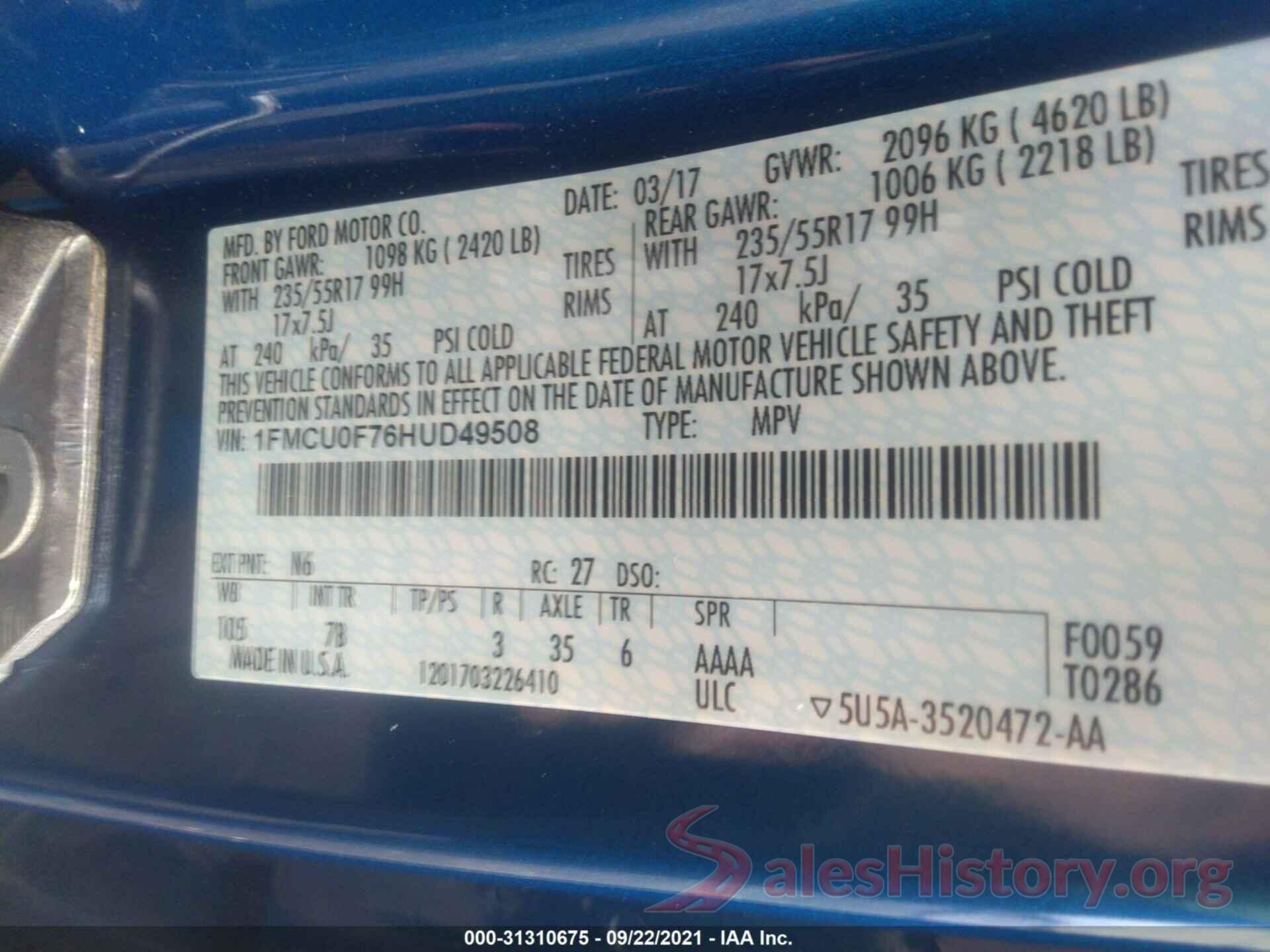 1FMCU0F76HUD49508 2017 FORD ESCAPE