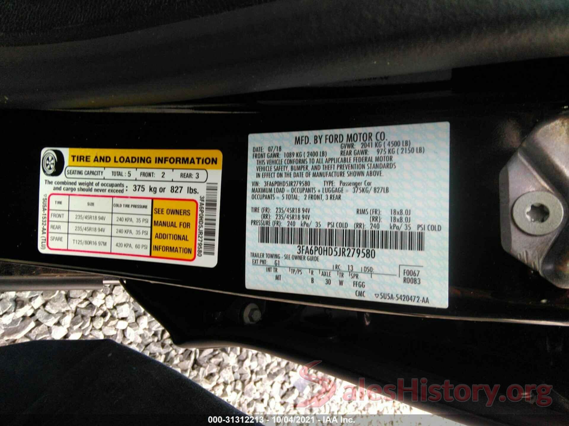 3FA6P0HD5JR279580 2018 FORD FUSION