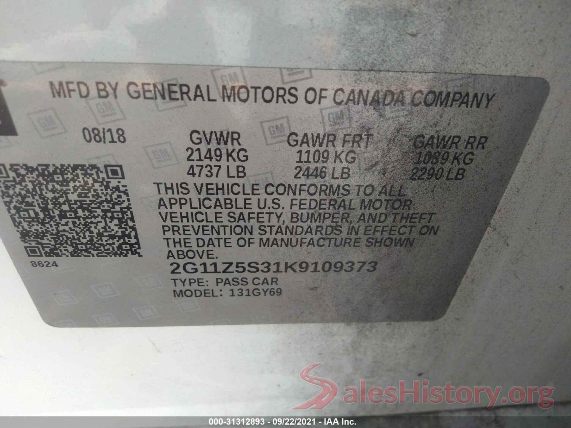 2G11Z5S31K9109373 2019 CHEVROLET IMPALA