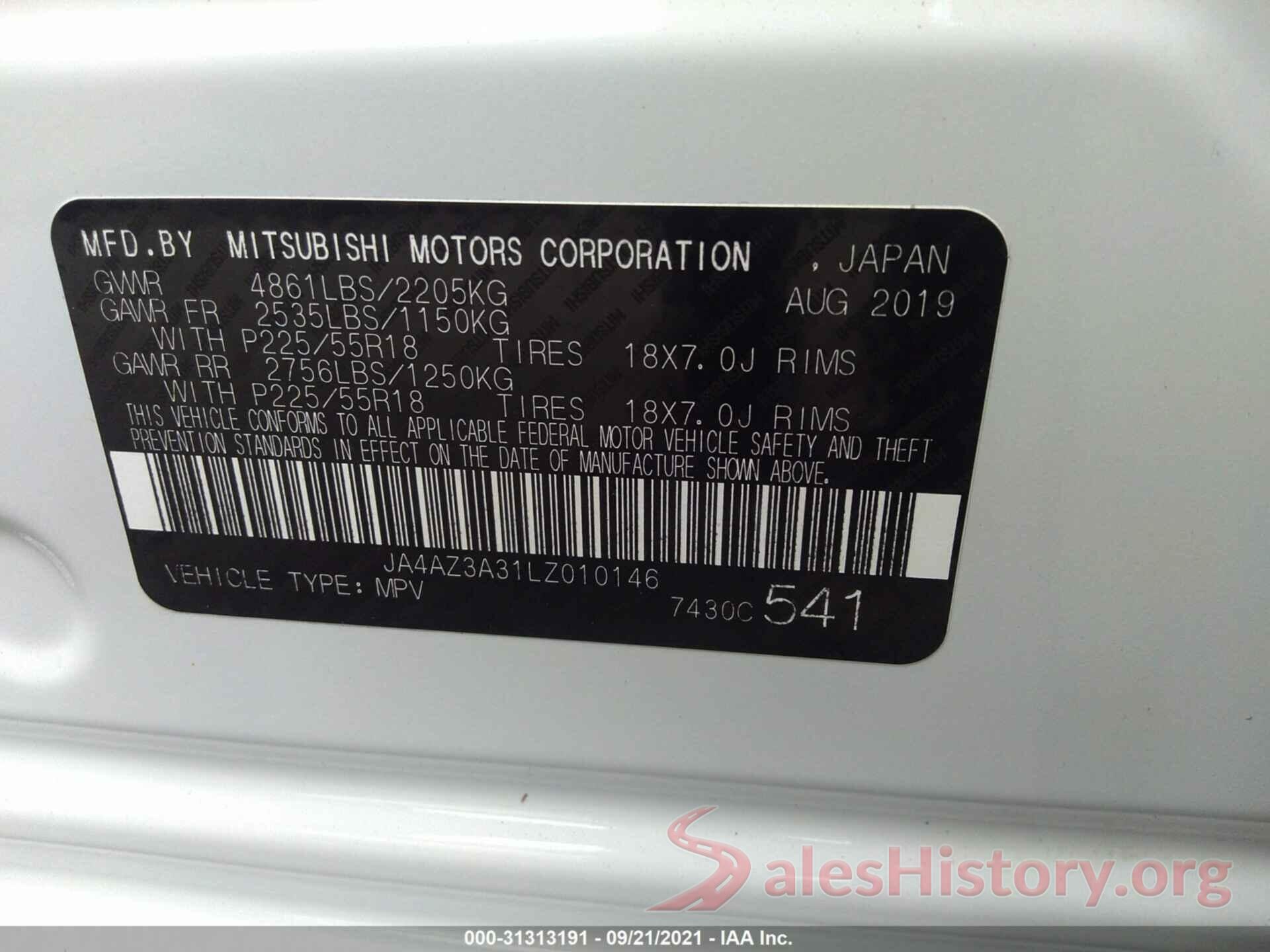 JA4AZ3A31LZ010146 2020 MITSUBISHI OUTLANDER