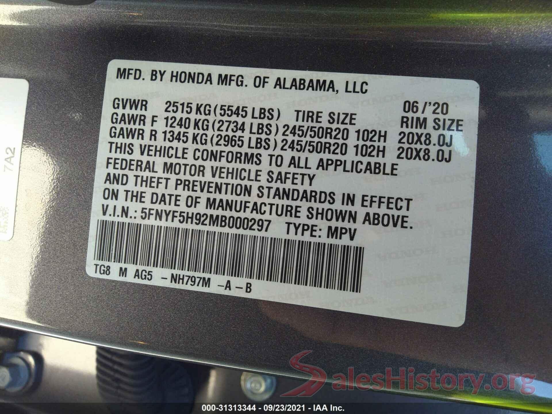 5FNYF5H92MB000297 2021 HONDA PILOT