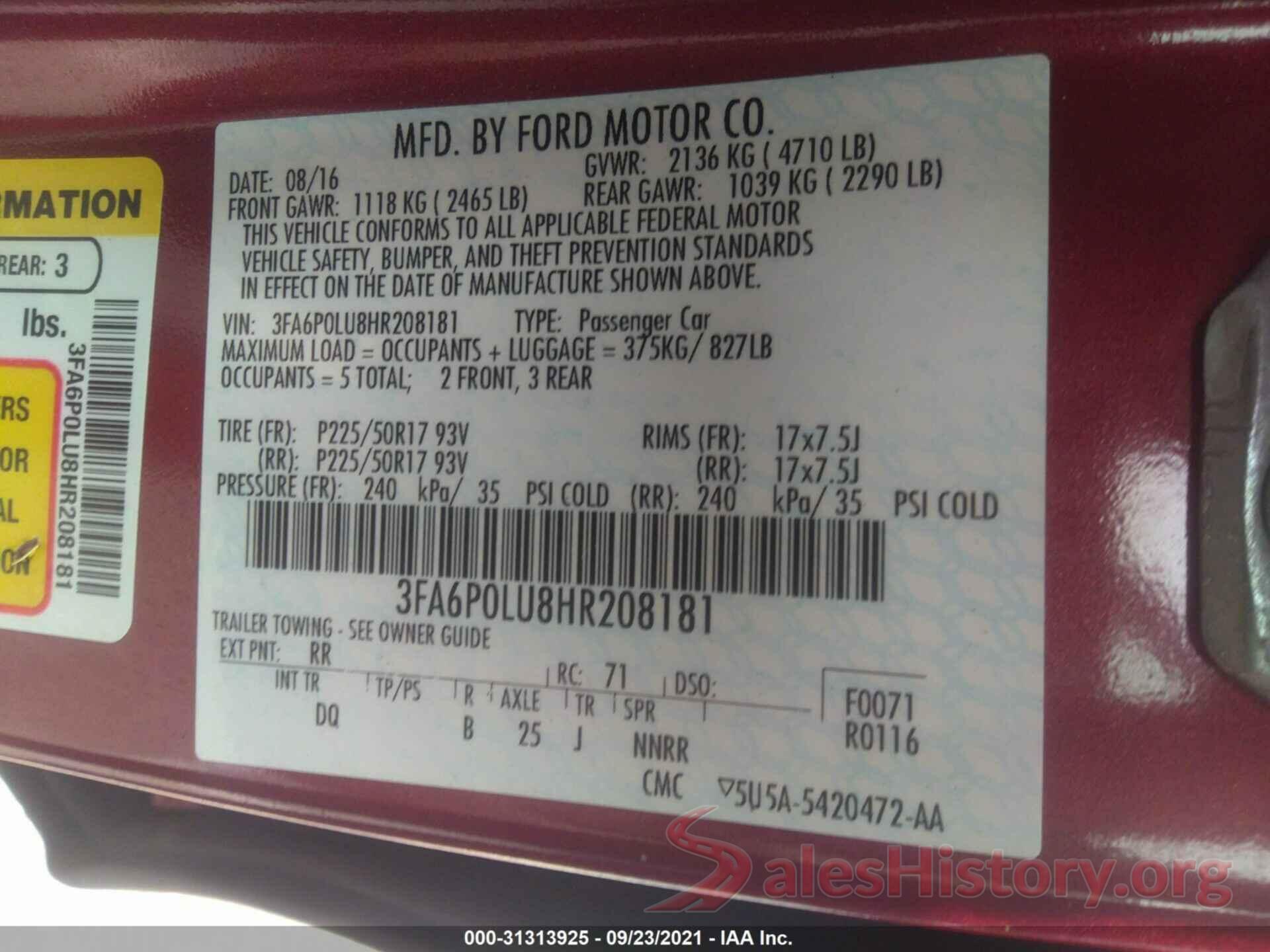 3FA6P0LU8HR208181 2017 FORD FUSION