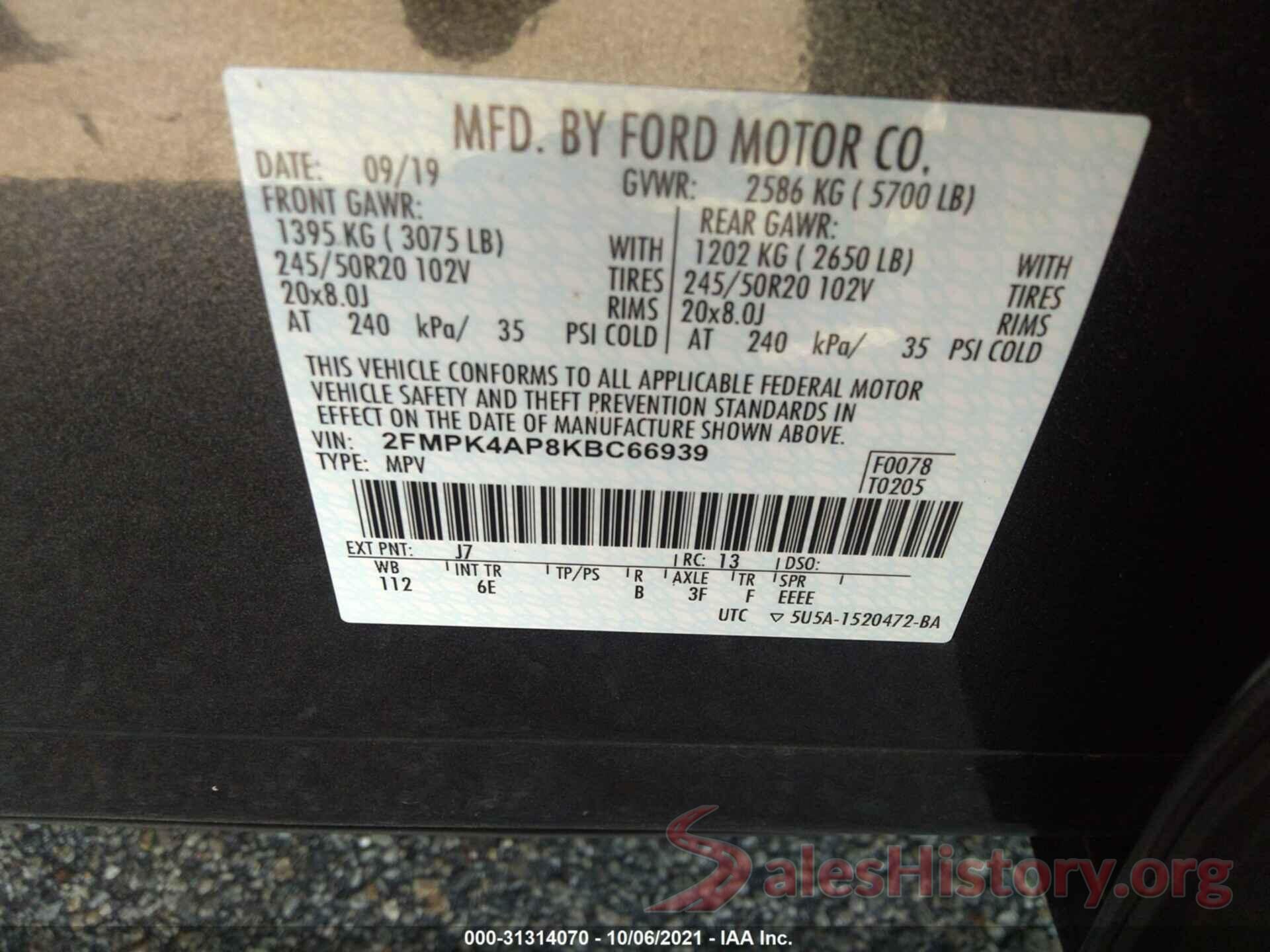 2FMPK4AP8KBC66939 2019 FORD EDGE