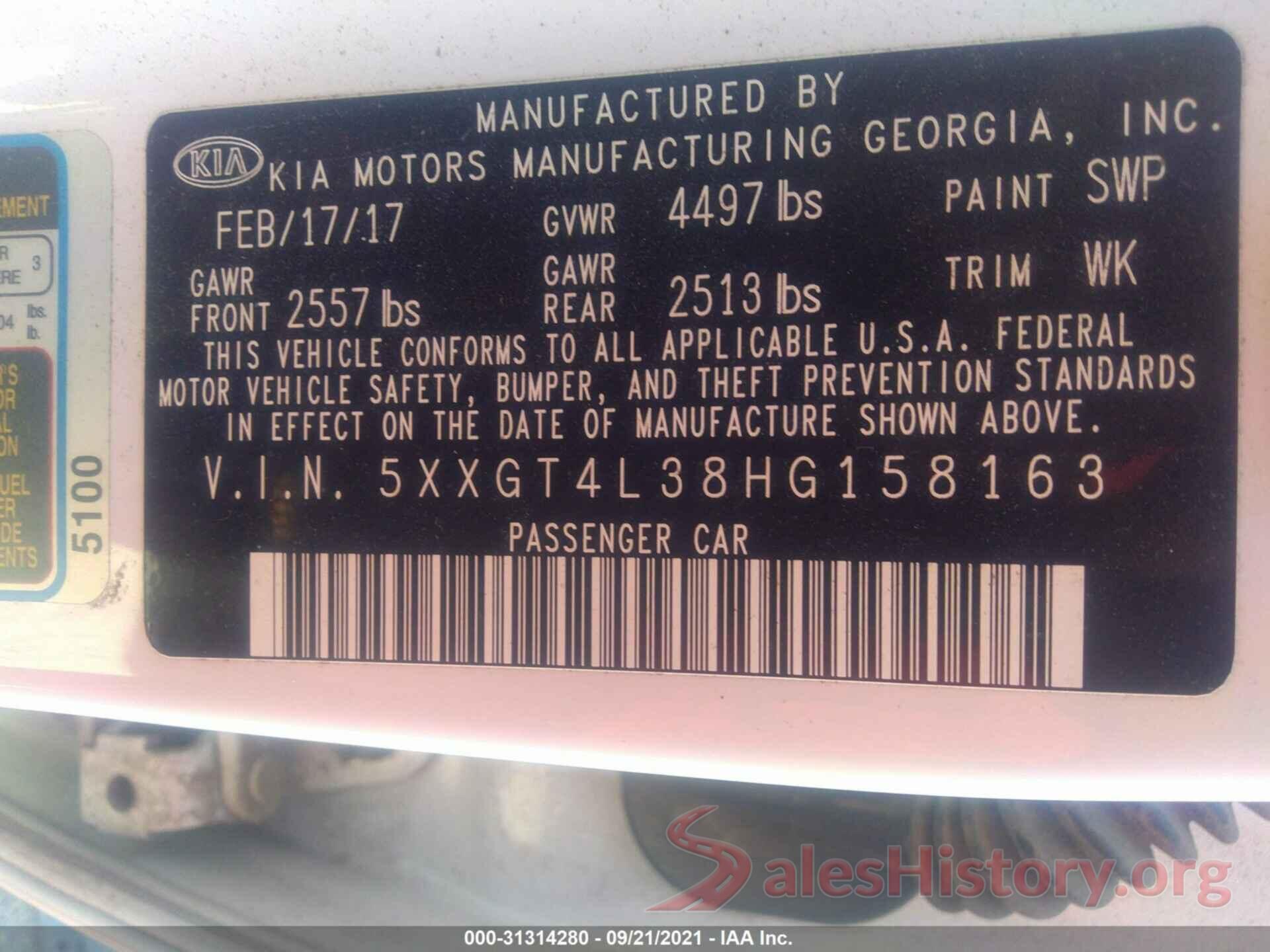 5XXGT4L38HG158163 2017 KIA OPTIMA