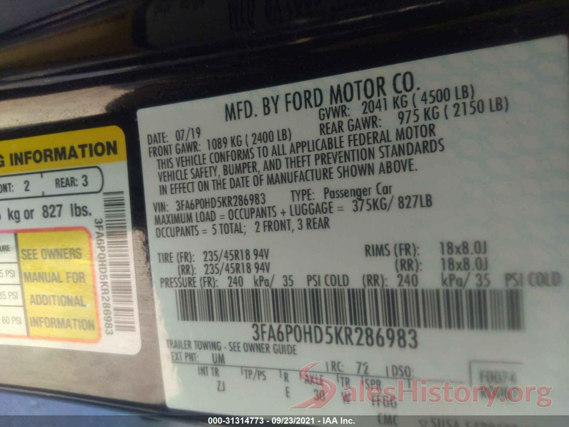 3FA6P0HD5KR286983 2019 FORD FUSION