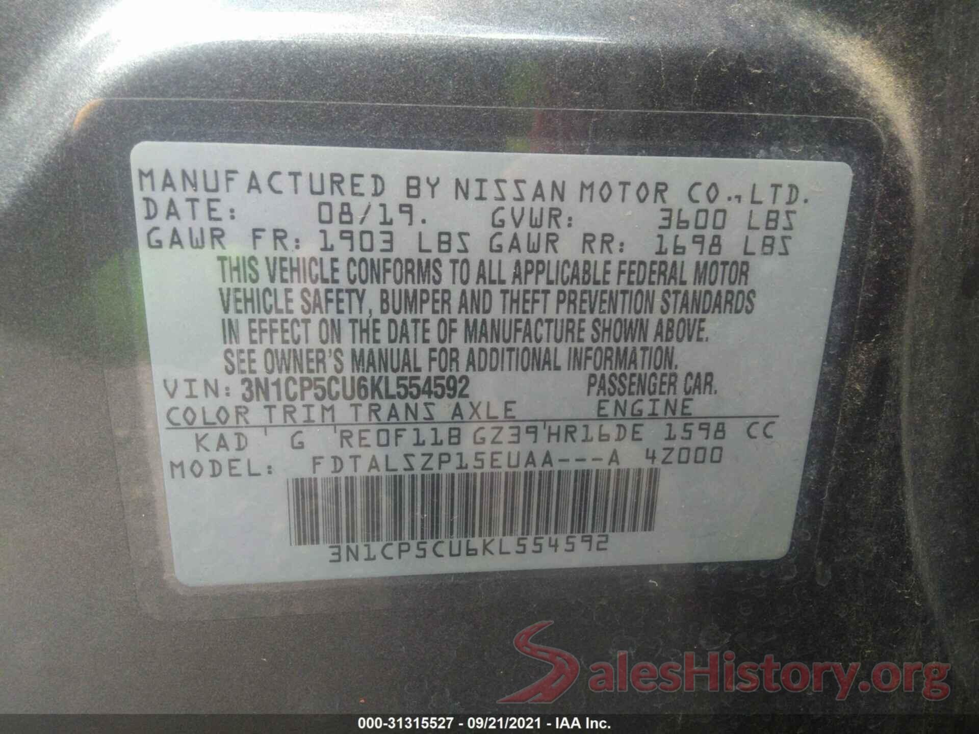 3N1CP5CU6KL554592 2019 NISSAN KICKS