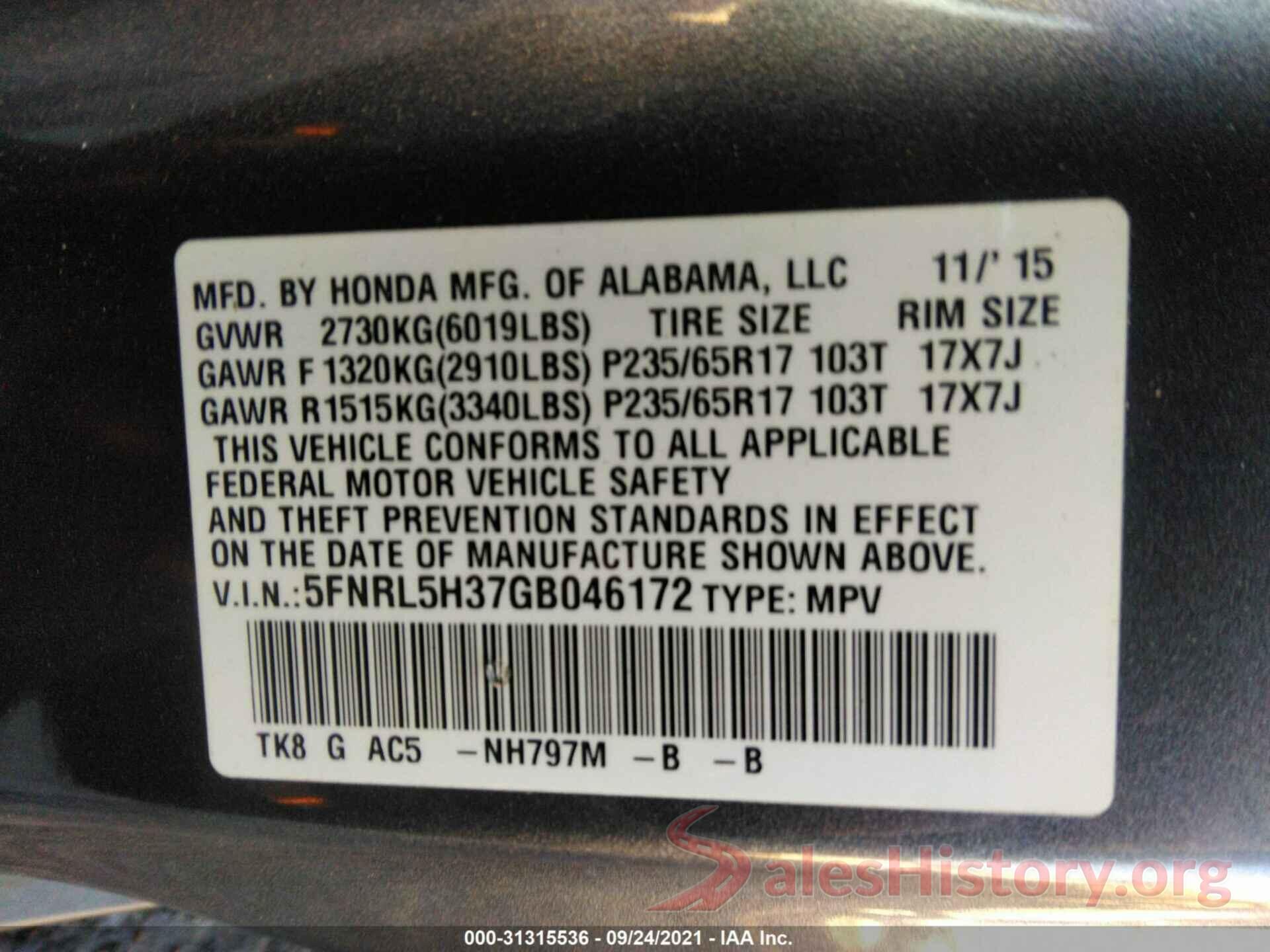 5FNRL5H37GB046172 2016 HONDA ODYSSEY