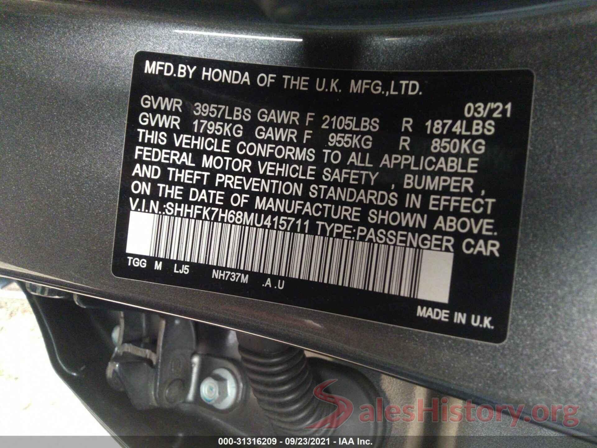 SHHFK7H68MU415711 2021 HONDA CIVIC HATCHBACK