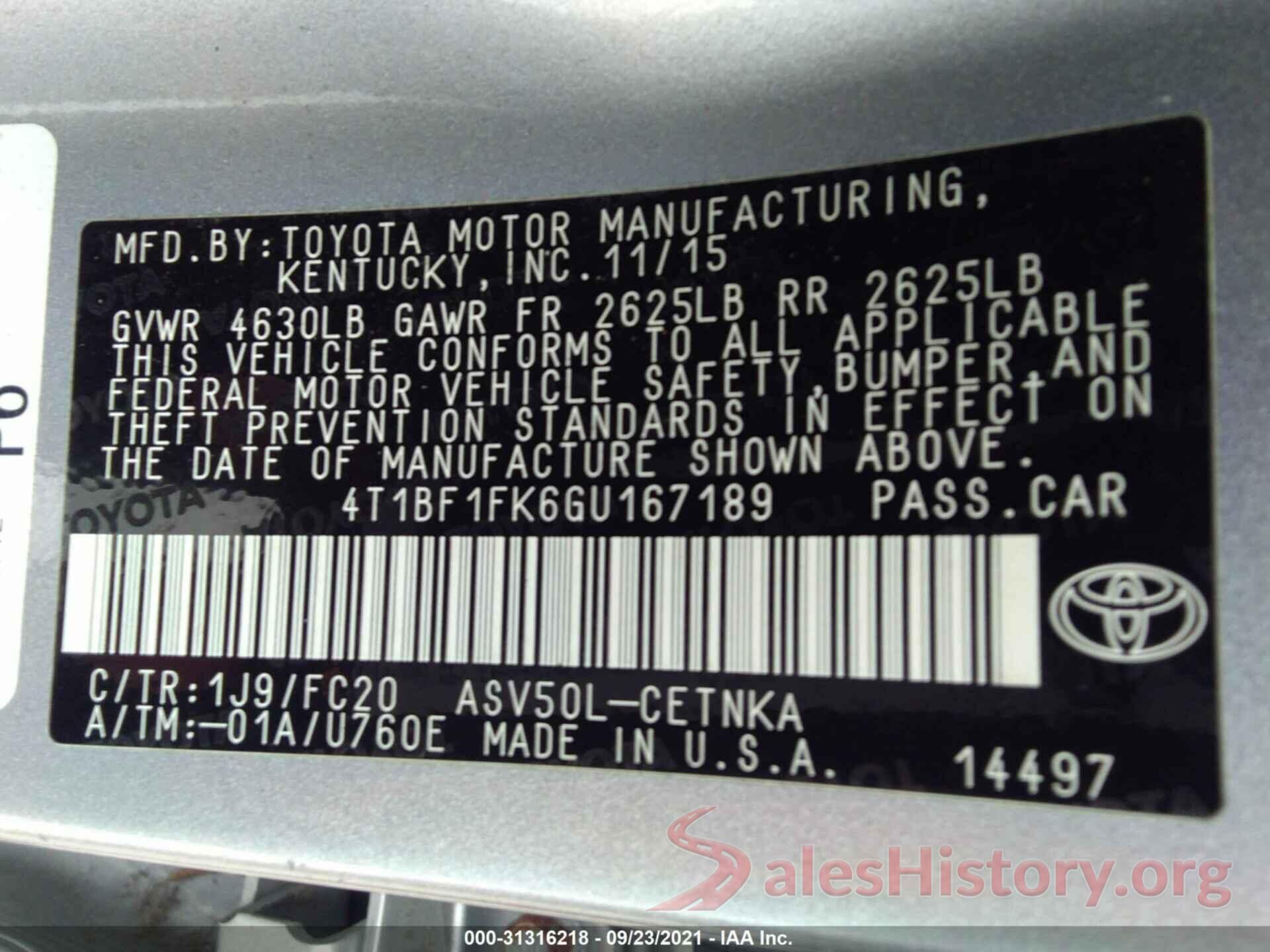 4T1BF1FK6GU167189 2016 TOYOTA CAMRY