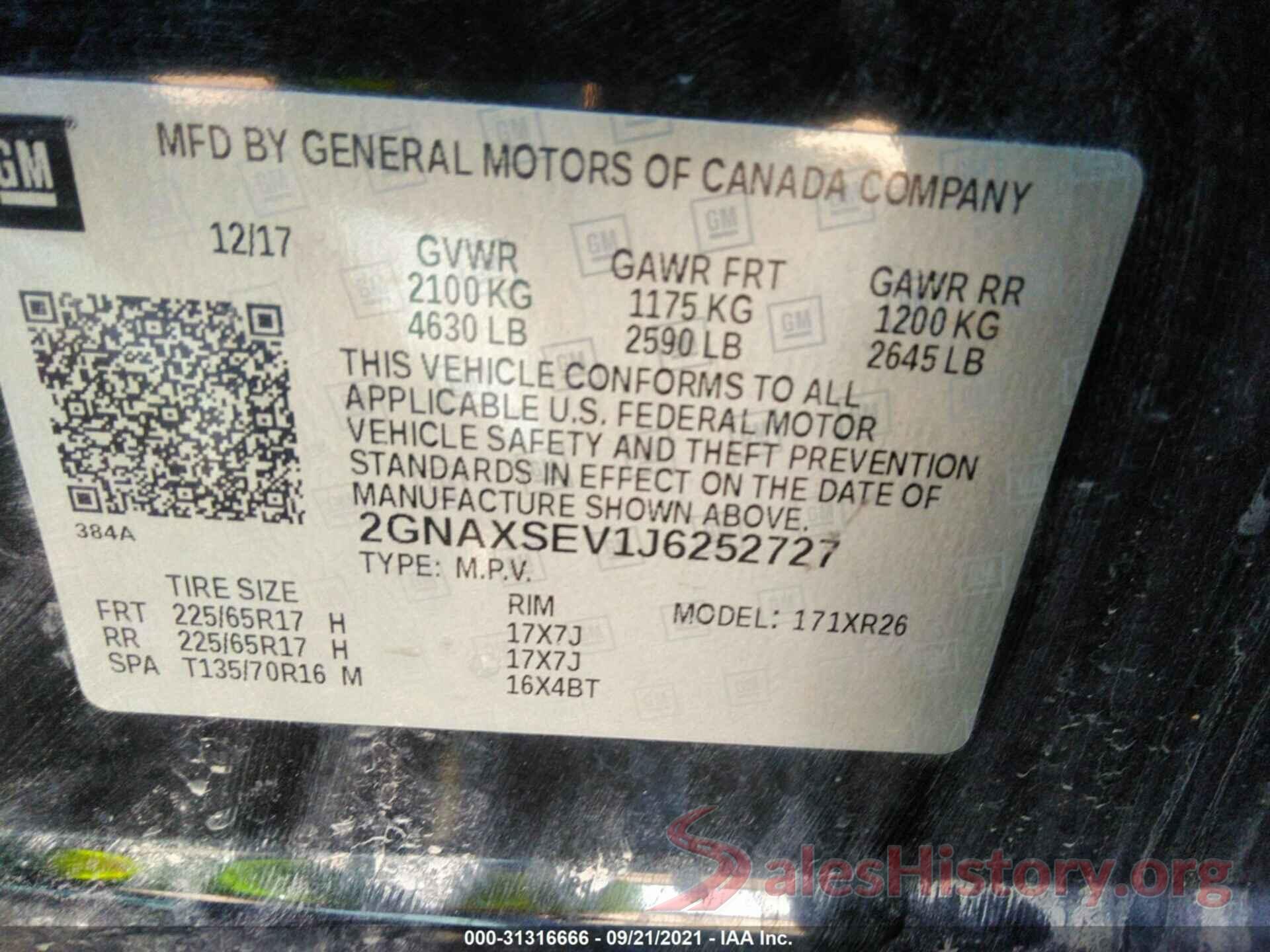 2GNAXSEV1J6252727 2018 CHEVROLET EQUINOX